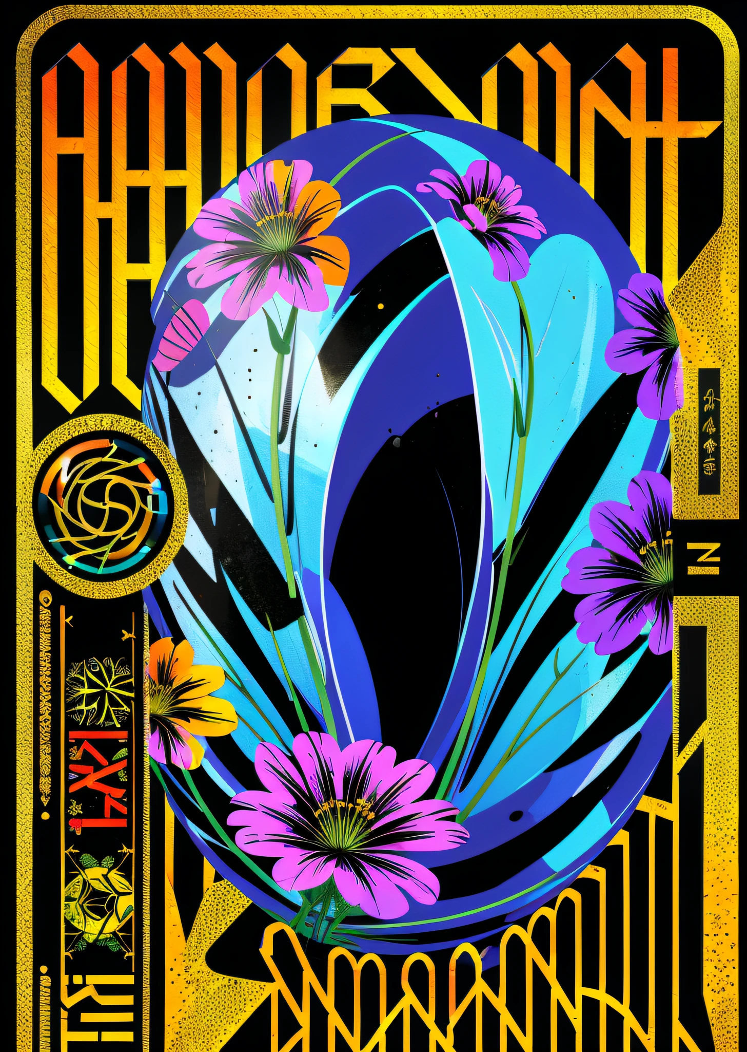 poster, virtual flowers, ((metallic heavy bold font)), text, color, acid, colorful,
