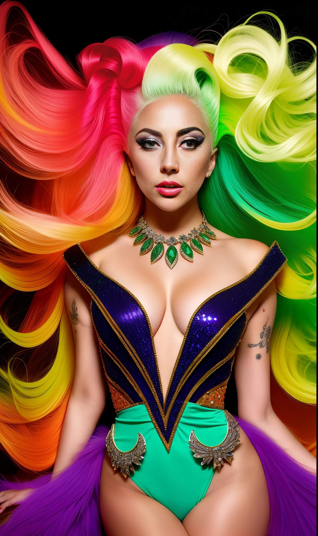 Photo of Lady GaGa 4K texture, green monarch butterfly print dress,orange jewelry and diamonds,neon,extravagant hair, 8k image, haute couture, flashes, high image quality,neon dress, realistic face, various body poses, full body, 8k image, Sharp image,HD, blue glasses, HD face,galaxy background, Very sharp and detailed face,  Full body, various poses