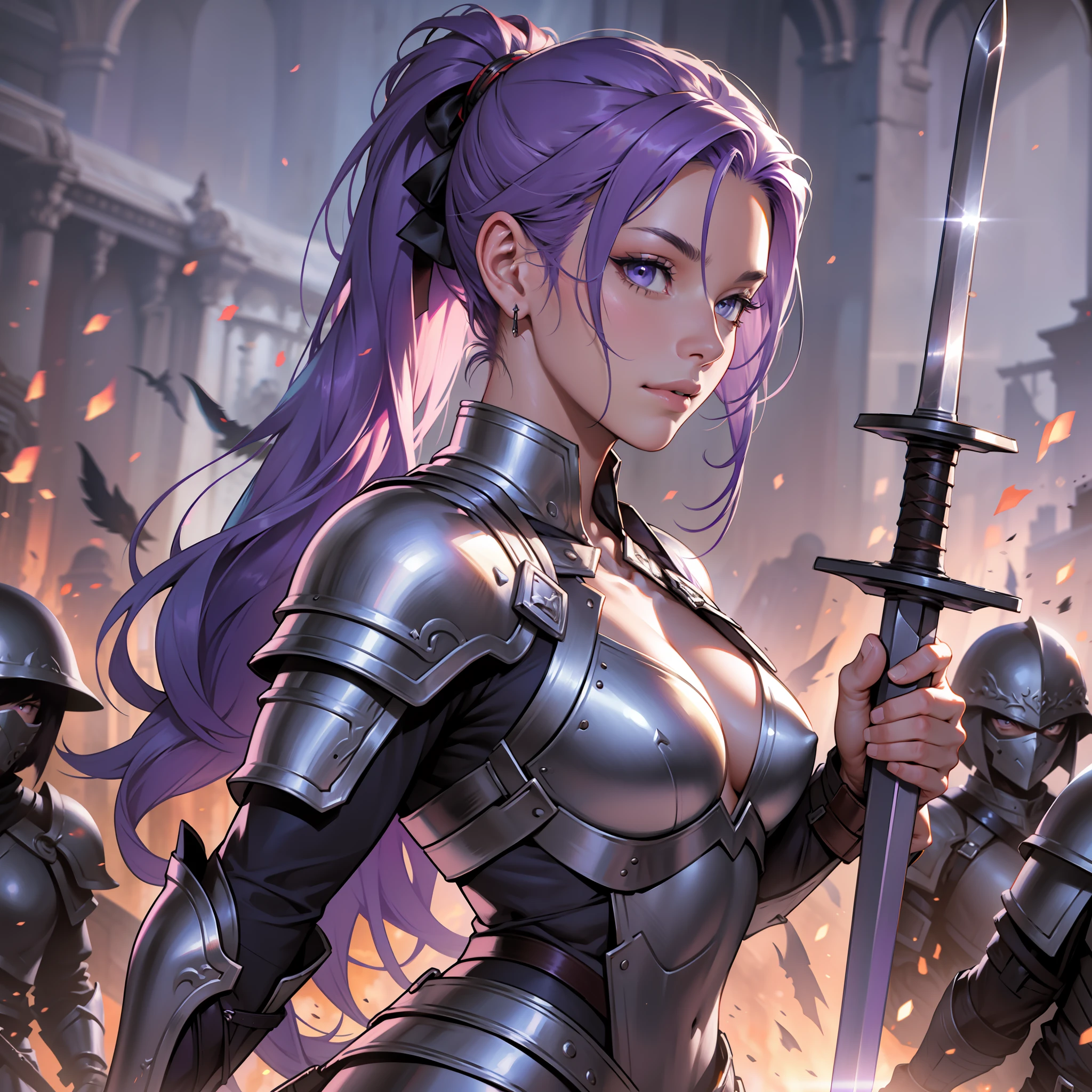 ((realistic: 1.5)),((best quality)), ((masterpiece)),((detailed)), army of warriors wearing armor, purple haired woman in the center, ponytail, holding sword up, kingdom of hell