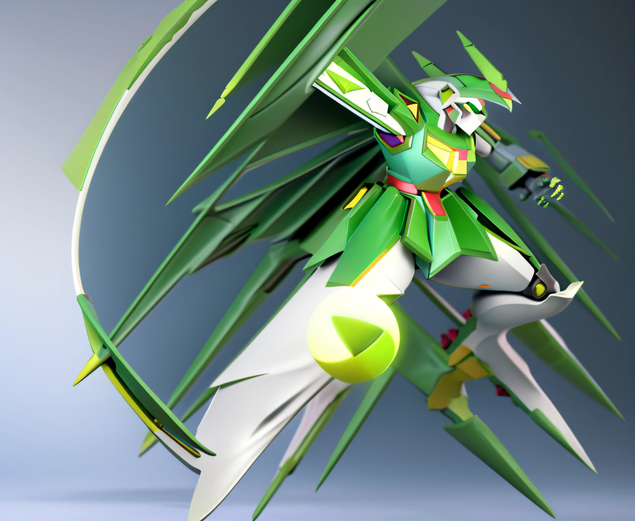 a close up of a robot with a green light on its arm, gundam wing style armor, gundam, 3 d render n - 9, 3 d render official art, hq render, extreme gundam, high res render, d render, promotional render, infini - d - render, gundam armor, gunpla, super scale rendered, 3d render octane