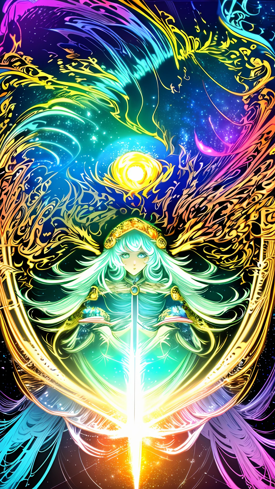 (masterpiece, top quality, best quality, official art, beautiful and aesthetic:1.2), (1girl), extreme detailed, (fractal art:1.3), colorful, highest detailed, perfect face, upper body, HDR, (praying:1.3), (white cloak golden lines:1.2), galaxy, (light streaks), striking visuals, (dynamic streaks, luminous trails:1.2), vibrant colors,