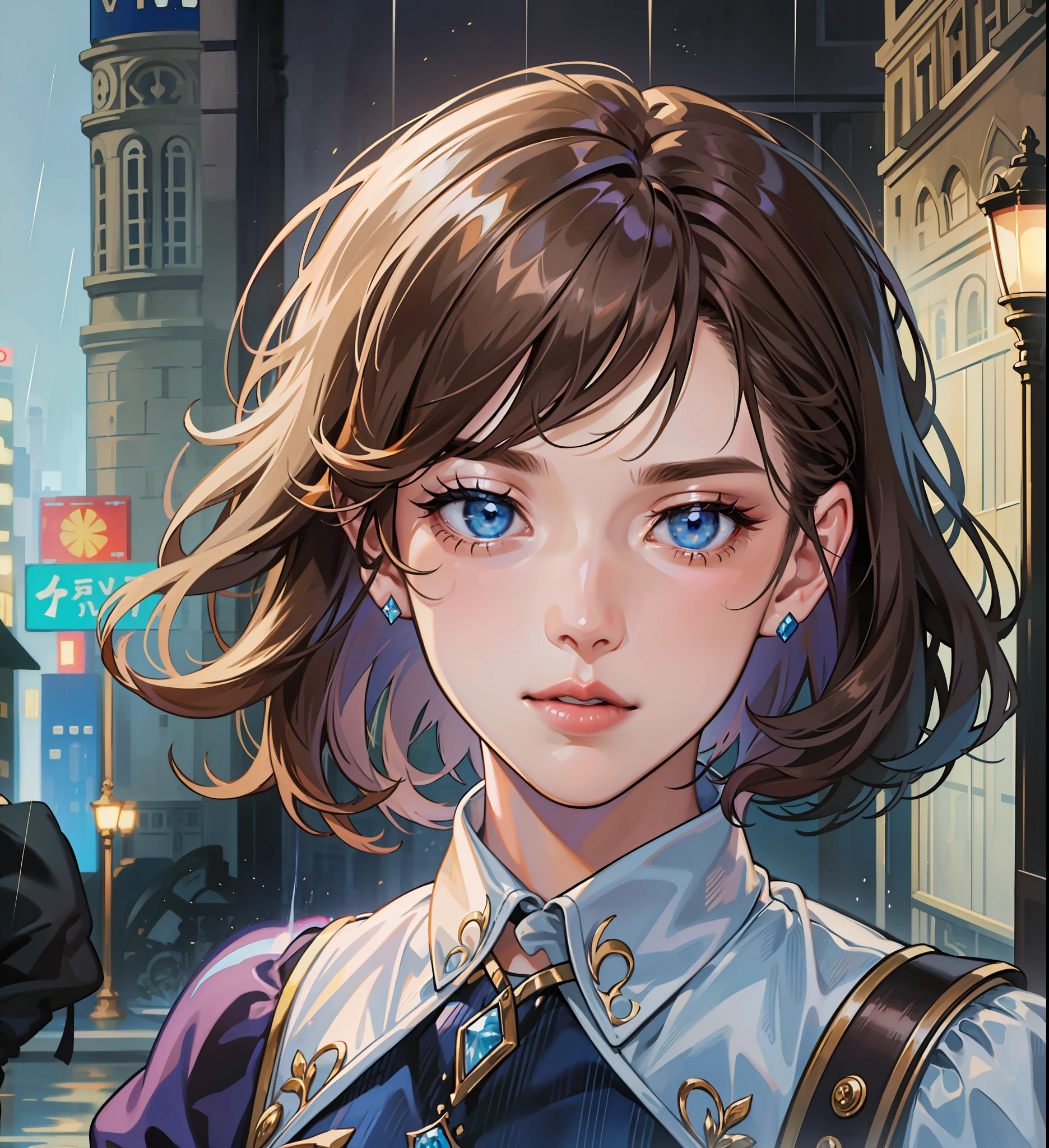 kk, best quality, more details, masterpiece, 1 girl, portrait, female focus, blue eyes like diamonds, solo, bangs, look at the viewer, frilly shirt, short hair, rain, fantasy city, palace, \(city\), highlights, nail polish, brown hair, wavy, luxurious, 8k, detailed, ray tracing, depth of field, cinematic lighting,