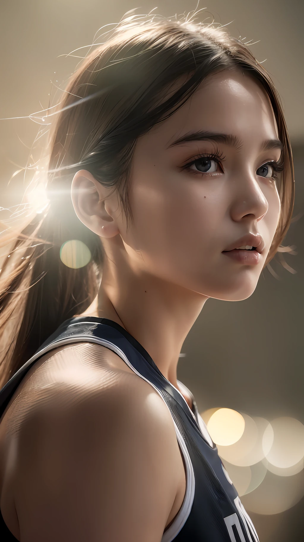 (8k, Best Quality, Masterpiece: 1.2), (Realistic, Realistic: 1.37), Ultra Detailed, Best Quality, Ultra High Resolution, Professional Lighting, Photon Mapping, Radiosity, Physically Based Rendering, Cinematic Lighting, Basketball court, depth of field, clear focus, sunlight, good composition, (bokeh: 1.2) 1girl, solo, (full body), (closed mouth), beautiful and detailed eyes, pose, narrow waist, basketball uniform, black hair , messy hair, long hair blowing in the wind, (ulzzang-6500:1.2) mix4, hiqcgbody