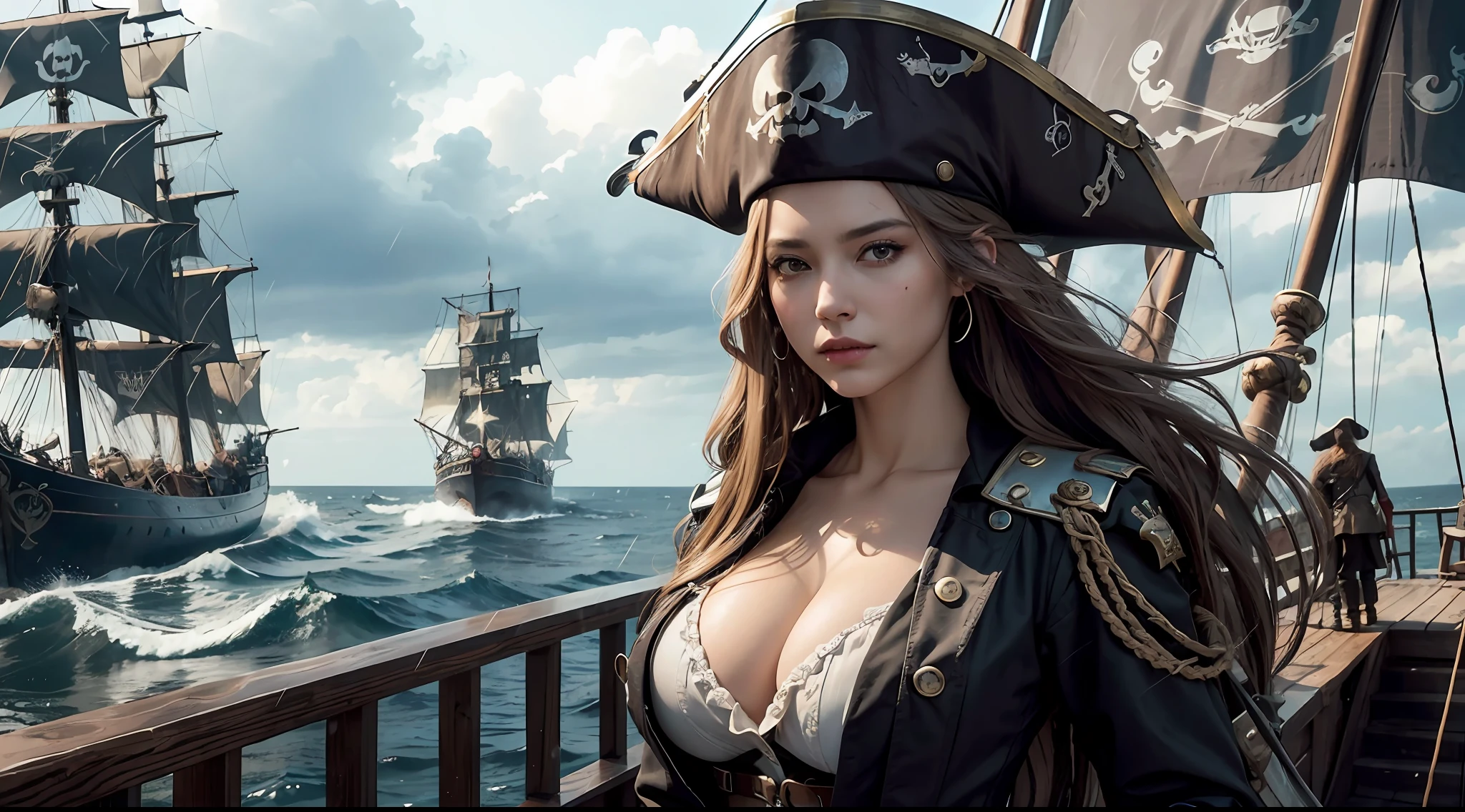 (Masterpiece), (high quality), (ultra-detailed), Woman Pirate, detailed face, brown eyes, dark blonde hair, long hair, very long hair, wavy hair, flowing hair, detailed hair, pirate hat, pirate clothes, big boobs, cleavage, skinny waist, detailed clothing, black crow on shoulder, steering, black pirate flag, windy, detailed flag, pirate ship, detailed background, cloudy, rain, rainy, dark cloudy day, rough sea, particles in air, on deck, pirate ship, dark waters, standing on ship’s deck, epic, huge pirate ship, moody