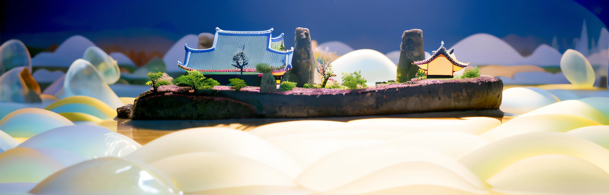 8,000-year-old theistic vitality style Asian houses, ethereal 6,000-year-old plum trees, mountain peaks, lying in a white cloud wonderland, liquid clouds, spore clouds, surreal water art, badly damaged walls, glowing flower-shaped clouds, slimy reflections, photos taken with Sony A7R cameras, clear focus on the landscape,