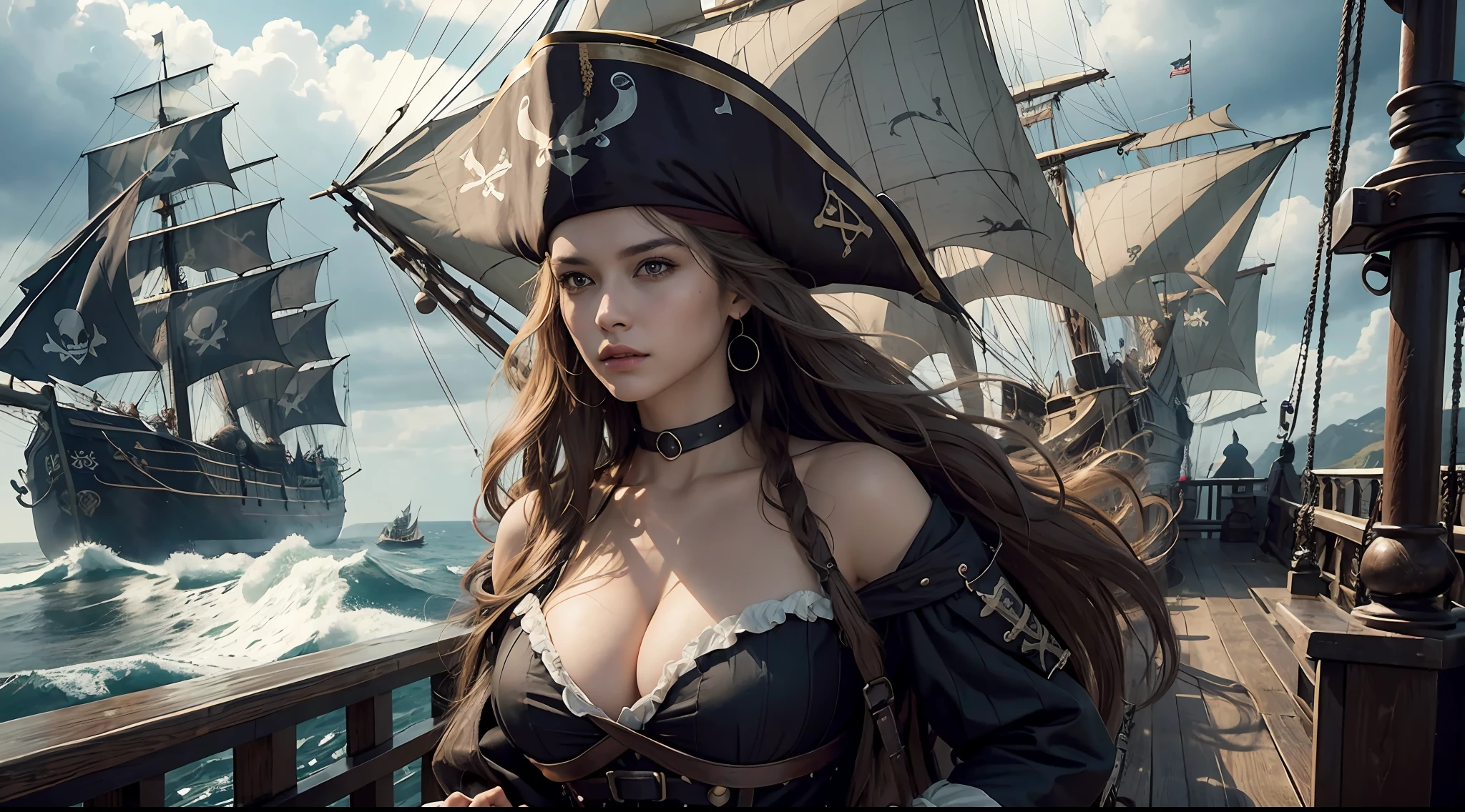 (Masterpiece), (high quality), (ultra-detailed), Woman Pirate, detailed face, brown eyes, dark blonde hair, long hair, very long hair, wavy hair, flowing hair, detailed hair, pirate hat, pirate clothes, big boobs, cleavage, skinny waist, detailed clothing, black crow on shoulder, steering, black pirate flag, windy, detailed flag, pirate ship, detailed background, cloudy, rain, rainy, dark cloudy day, rough sea, particles in air, on deck, pirate ship, dark waters, standing on ship’s deck, epic, huge pirate ship, moody