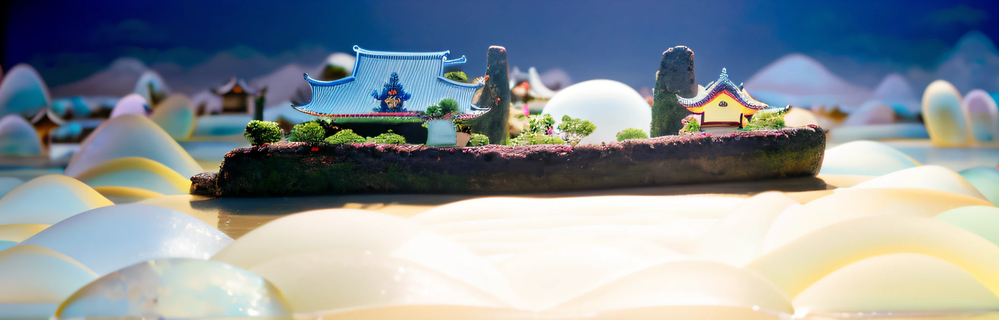 8,000-year-old theistic vitality style Asian houses, ethereal 6,000-year-old plum trees, mountain peaks, lying in a white cloud wonderland, liquid clouds, spore clouds, surreal water art, badly damaged walls, glowing flower-shaped clouds, slimy reflections, photos taken with Sony A7R cameras, clear focus on the landscape,