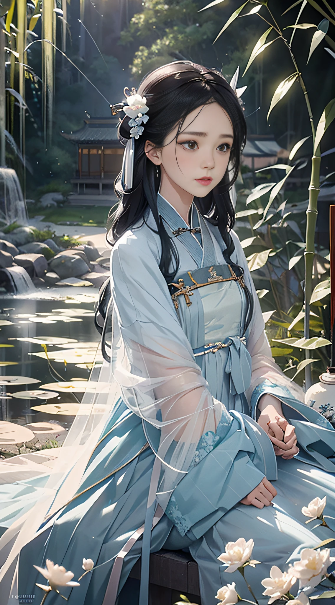 (Fidelity: 1.4), Best Quality, Masterpiece, Ultra High Resolution, Poster, 4K, Fantasy Art, Dynamic Lighting, Art Station, Poster, Volume Lighting, Very Detailed Face, 4k Wallpaper, Award-Awarded, Chinese Style, A Woman, Side Face, Quiet, Sad, Blue Hanfu, Tulle Coat, Long Black Hair, Light Blue Fringed Hair Ornament, Hairpin, White Ribbon, White Flower Bush, Light Blue Butterfly Flying, Ancient Chinese Garden, Sitting by the Pond, Hazy Mist, Lots of Bamboo in the background, Small Bamboo, Little Bird Flying, dramatic composition, cinematic lighting effects,