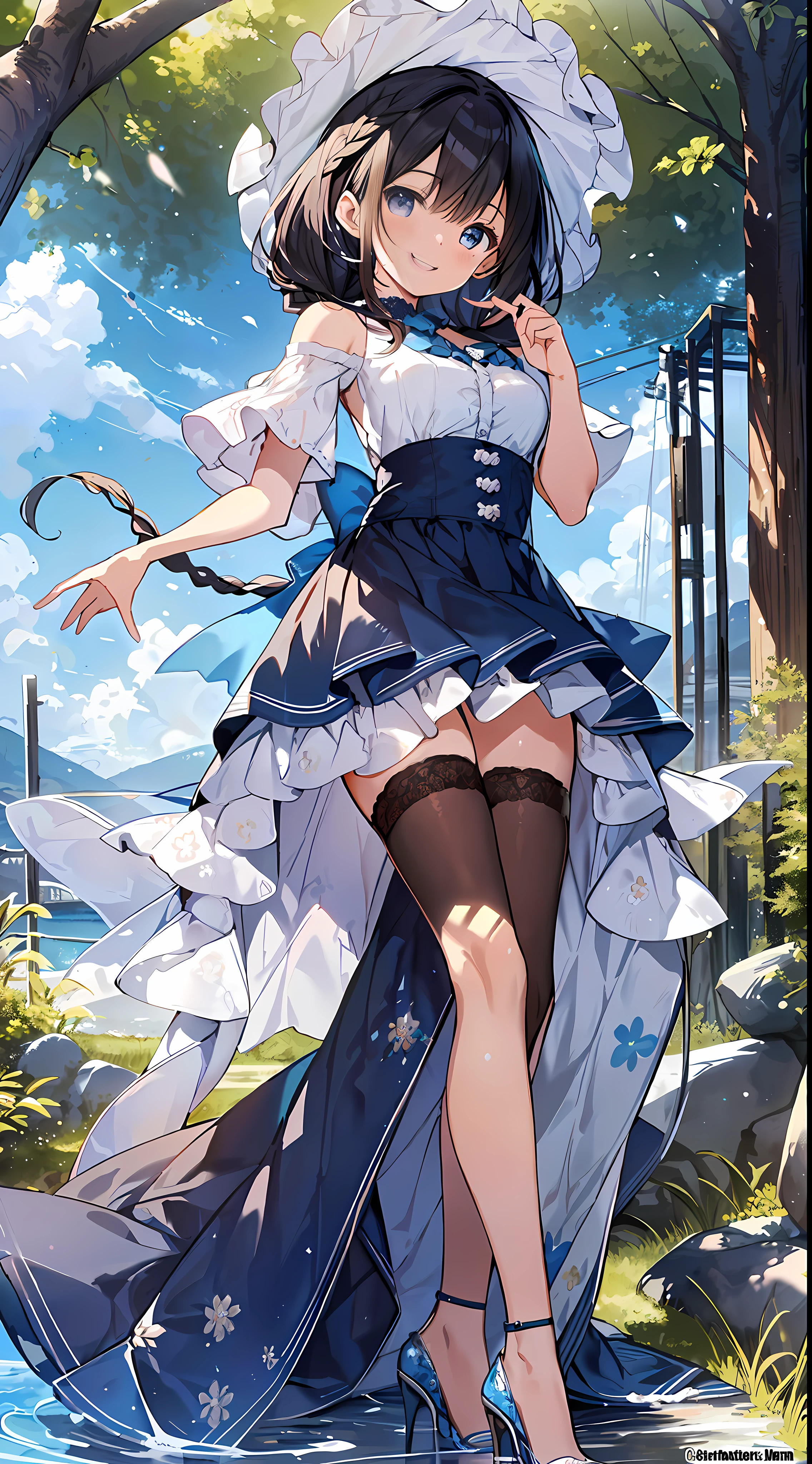 Top quality, masterpiece, ultra high resolution, 8k, summer sky, early summer, (((blue ruffle tops, blue skirts, high heels)), shojo manga style loli, one, soft line drawing, digital enhancement, shojo manga touch, shojo manga core, flowing fabric, close-up, (short braid with hair length to shoulders)), wet hair, staring at us from the front, soft drawing, Beautiful black hair, clear eyes, ((teasing smile)), ultra-detailed digital anime art, clear face depiction, ultra-detailed shojo manga character art, ultra-detailed manga style, top quality colors, hand gestures, landscape with nature, looking up at the sky, angle that can see up to your feet