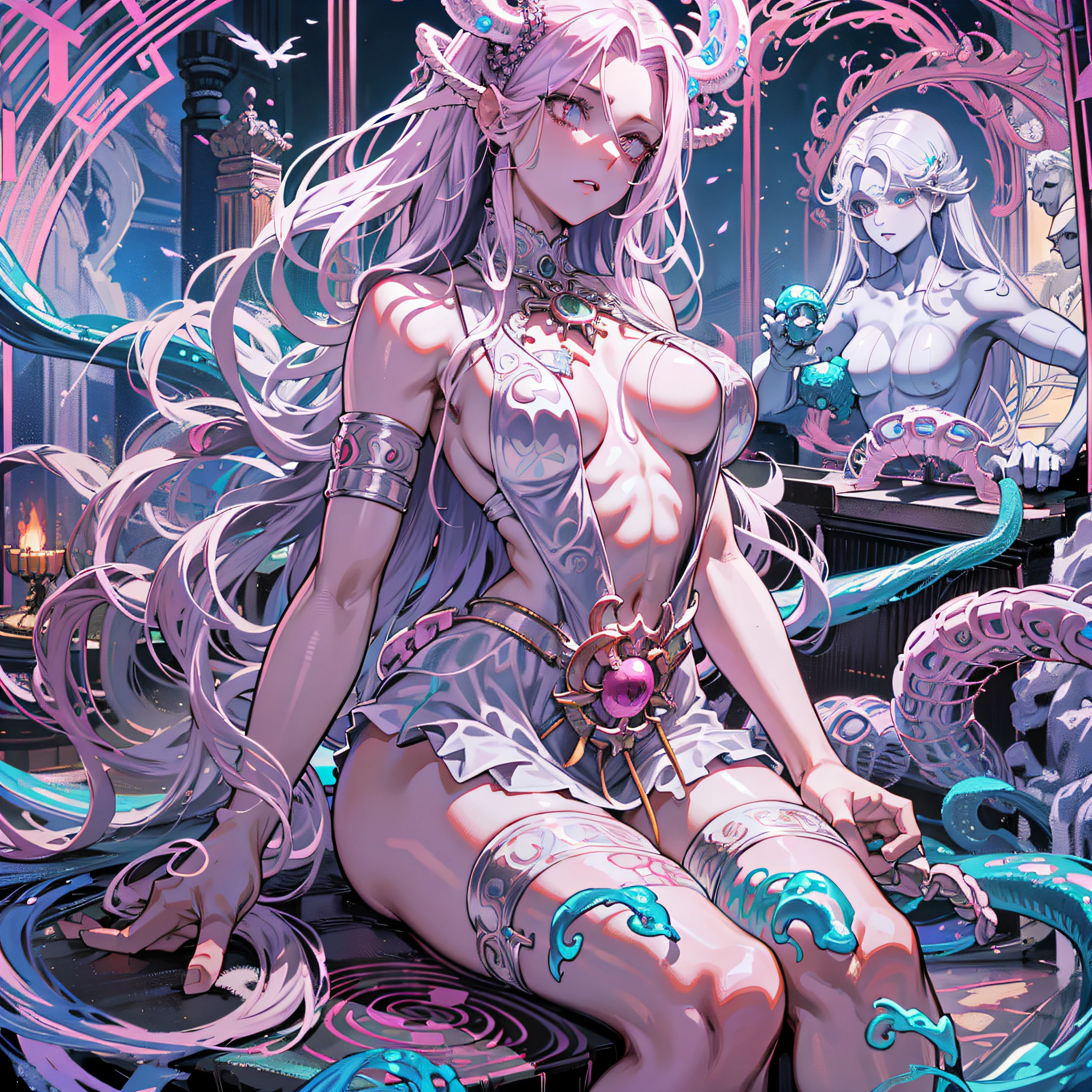 Medusa, hair composed of pink snakes, reddish white eyes, ultra-detailed sea surface, skulls in the reflection of her eyes, background of white stone statues of muscular and mature men, expression of anger and hatred, symbol of the feminine in the center, well-structured female body, golden jewels all over her body