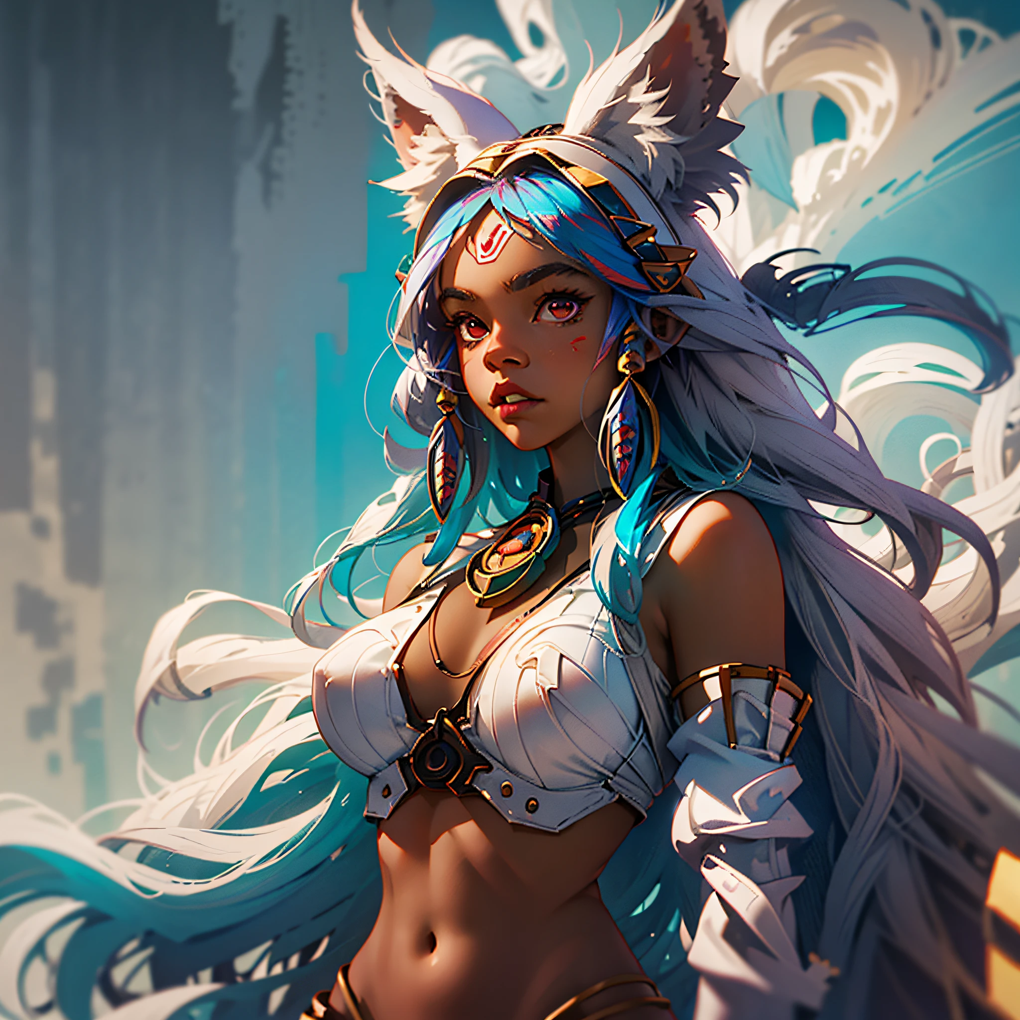 masterpiece, best quality, dark skin girl, fox ears, white long wavy hair, red eyes, large breasts, fox tail, body paint, native american headdress, feathers, colorful native american clothes, standing, vast sky scenery,