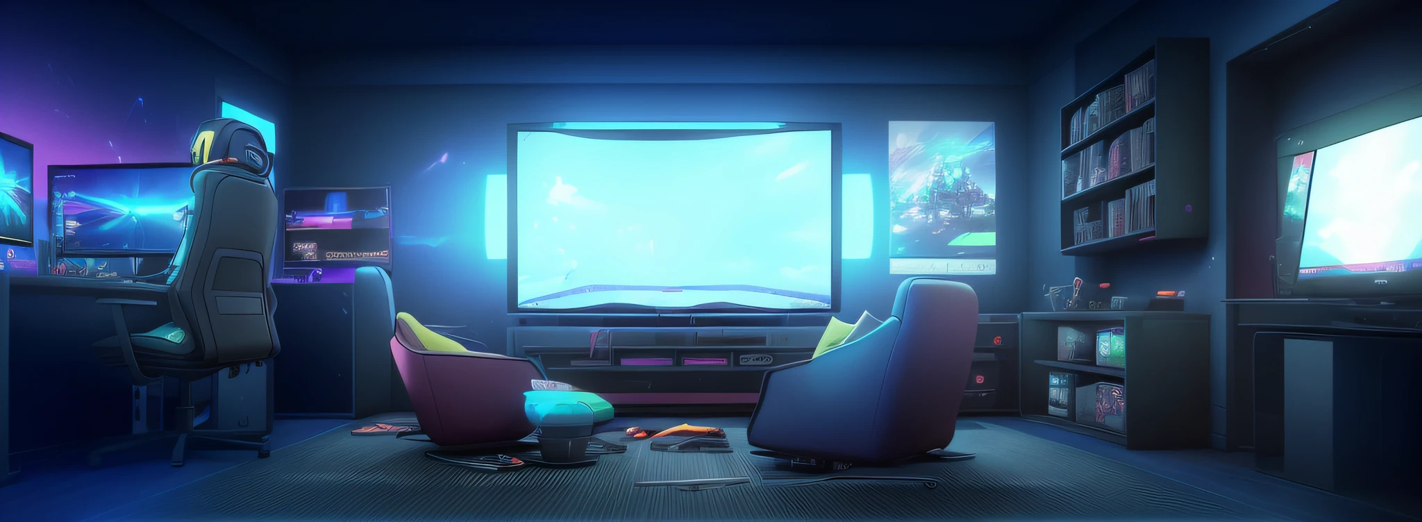 there are two chairs in a room with a tv and a desk, gaming room in 2 0 4 0, personal room background, gaming room, anime movie background, colorful anime movie background, videogame background, anime background, virtual metaverse room, indoor scene, anime background art, mobile game background, random background scene, cinematic background, videogame still, anime scene