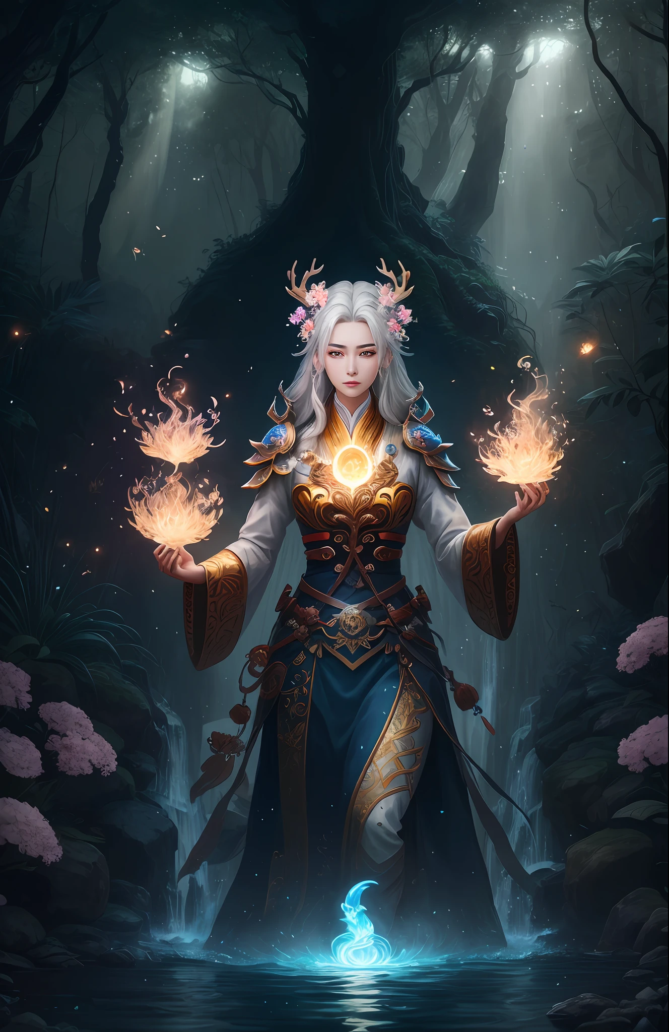 Masterpiece, best quality, (very detailed CG unified 8k wallpaper), (best quality), (best illustration), (best shadow), close-up of a beauty with white hair and white mask, beautiful figure painting, Guvitz, Guwiz style artwork, white-haired god, Yang J, epic exquisite character art, amazing character art, Fan Qi, Wu Zhun Shifan, Guwiz in pixiv art station, glowing elf, with a glowing deer, drinking water in the pool, Natural elements in forest theme. Mysterious forest, beautiful forest, nature, surrounded by flowers, delicate leaves and branches surrounded by fireflies (natural elements), (jungle theme), (leaves), (branches), (fireflies), (particle effects) and other 3D, Octane rendering, ray tracing, super detailed