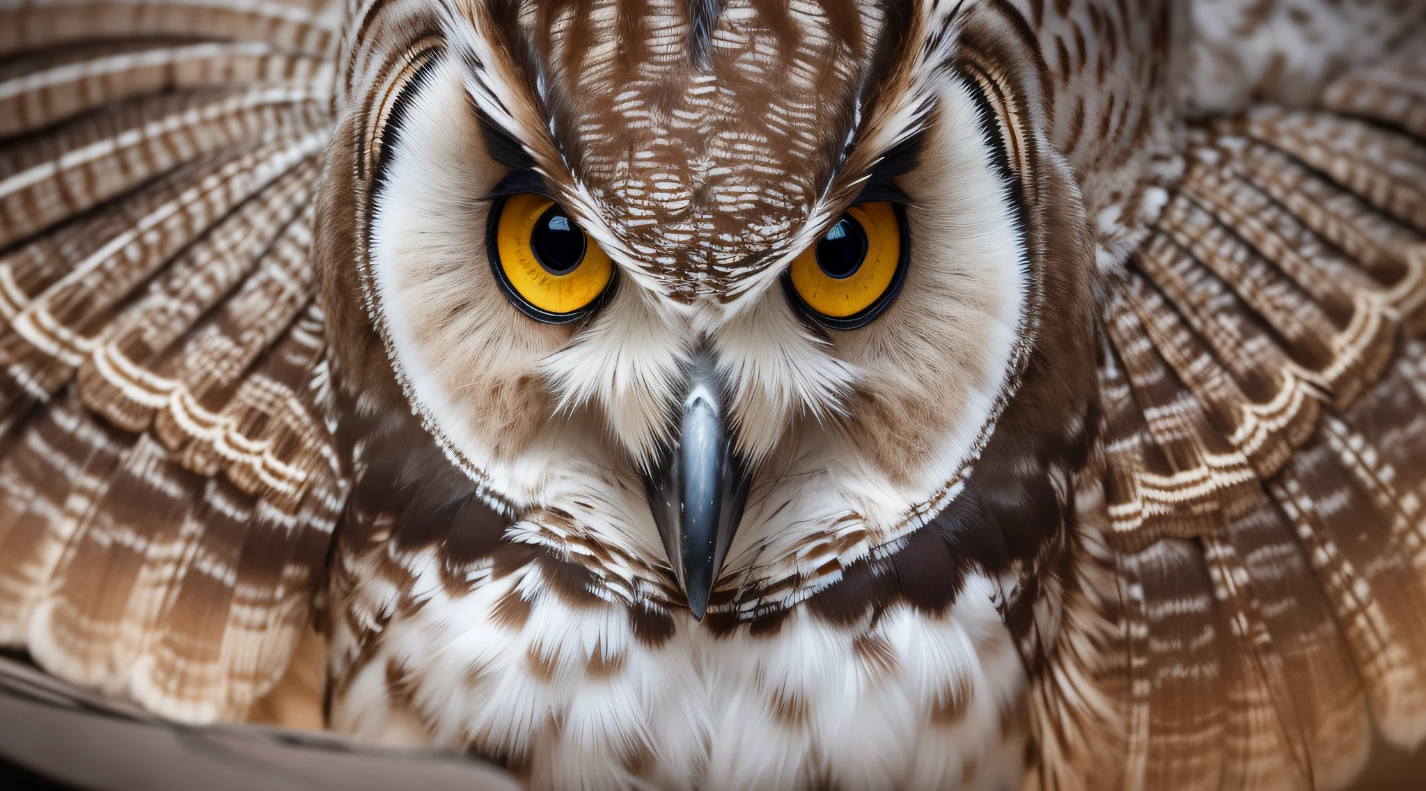 Capture the mesmerizing beauty of a Suindara owl in an awe-inspiring hyper-realistic portrait. The owl should be the main subject, showcasing intricate details of its feathers, piercing eyes, and distinctive facial features. The image should be in high-definition (HD) and rendered in stunning 8K resolution, bringing out every nuance and texture of the owl's plumage. Utilize expert lighting techniques to create a dramatic ambiance, highlighting the owl's majestic presence. --auto --s2