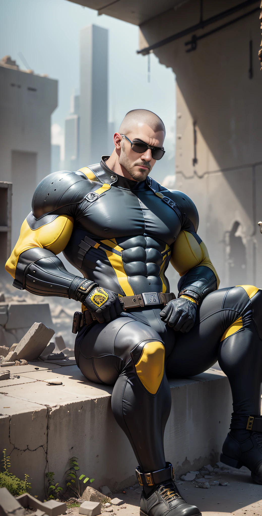 Arad man in yellow and black clothes sitting in desolate ruins, muscular male hero, Buzz cut, heroic male pose, tall and burly, muscular! Wearing black sunglasses, tall burly and strong, stealth suit, super buff and cool, high resolution committee, character design police, black military boots, attractive strong male