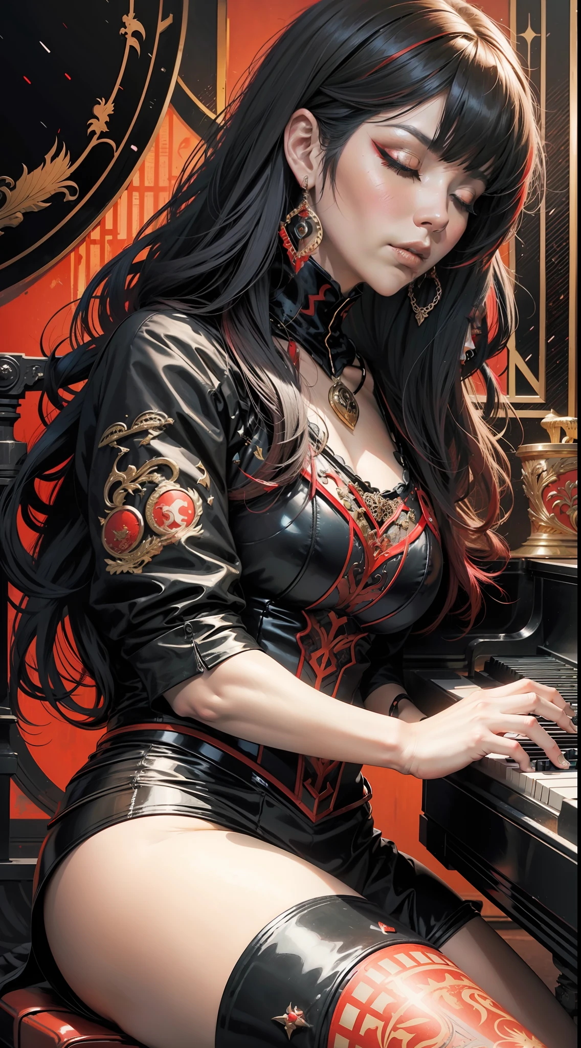 Fire Empress,medium black hair with red and black bangs,red color fringe lock,closed mouth,fat body,boredom expression,closed eyes,black eye shadow,eyeliner in eyes,black eye makeup,black latex clothing,sitting in a piano chair,playing piano,hand drawing,illustration,art nouveau