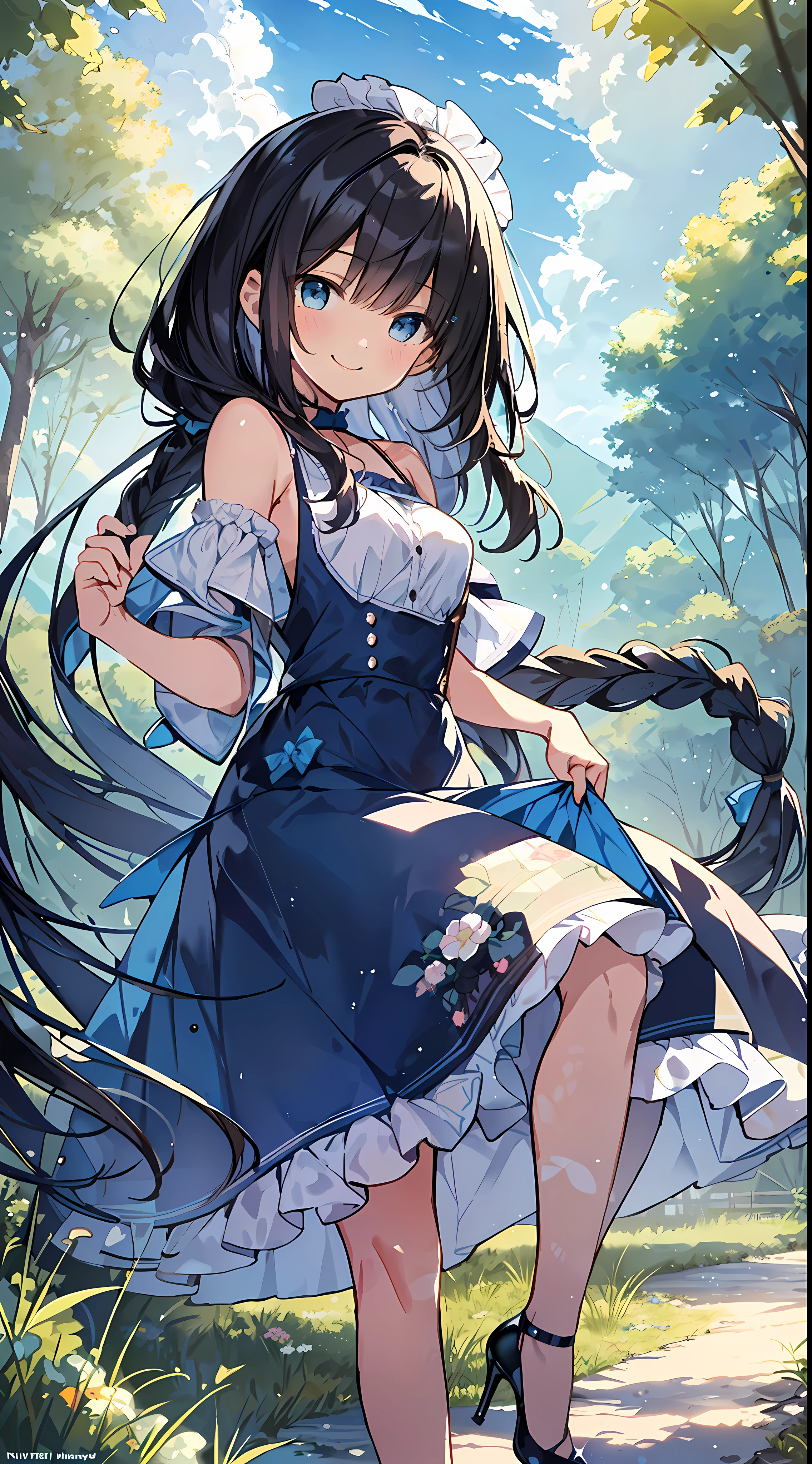 Top quality, masterpiece, ultra high resolution, 8k, summer sky, early summer, (((blue ruffle tops, blue skirts, high heels)), shojo manga style , one, soft line drawing, digital enhancement, shojo manga touch, shojo manga core, flowing fabric, close-up, (short braid with hair length to shoulders)), wet hair, staring at us from the front, soft drawing, Beautiful black hair, clear eyes, ((teasing smile)), ultra-detailed digital anime art, clear face depiction, ultra-detailed shojo manga character art, ultra-detailed manga style, top quality colors, hand gestures, landscape with nature, looking up at the sky, angle that can see up to your feet