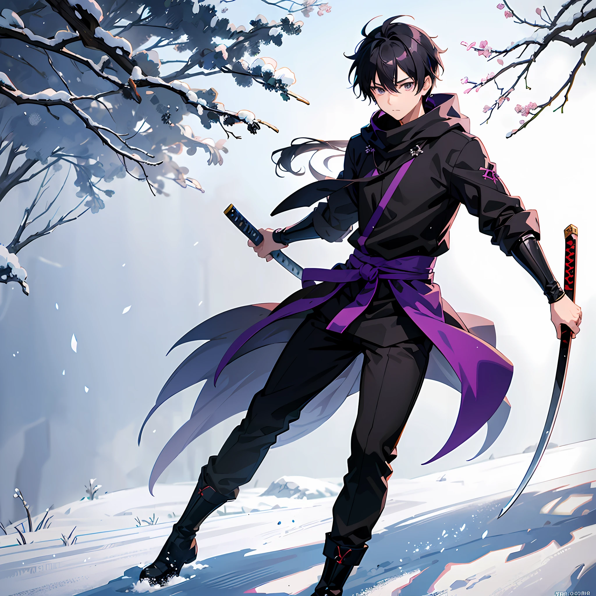 ((best quality)), (anime), style image of a young boy (snowy forest), (full body), gray eyes (no facial expression), black hair (short messy), haori (purple), katana in sheath (waist), demon slayer (artstyle), anime 4k, anime 8k, high resolution