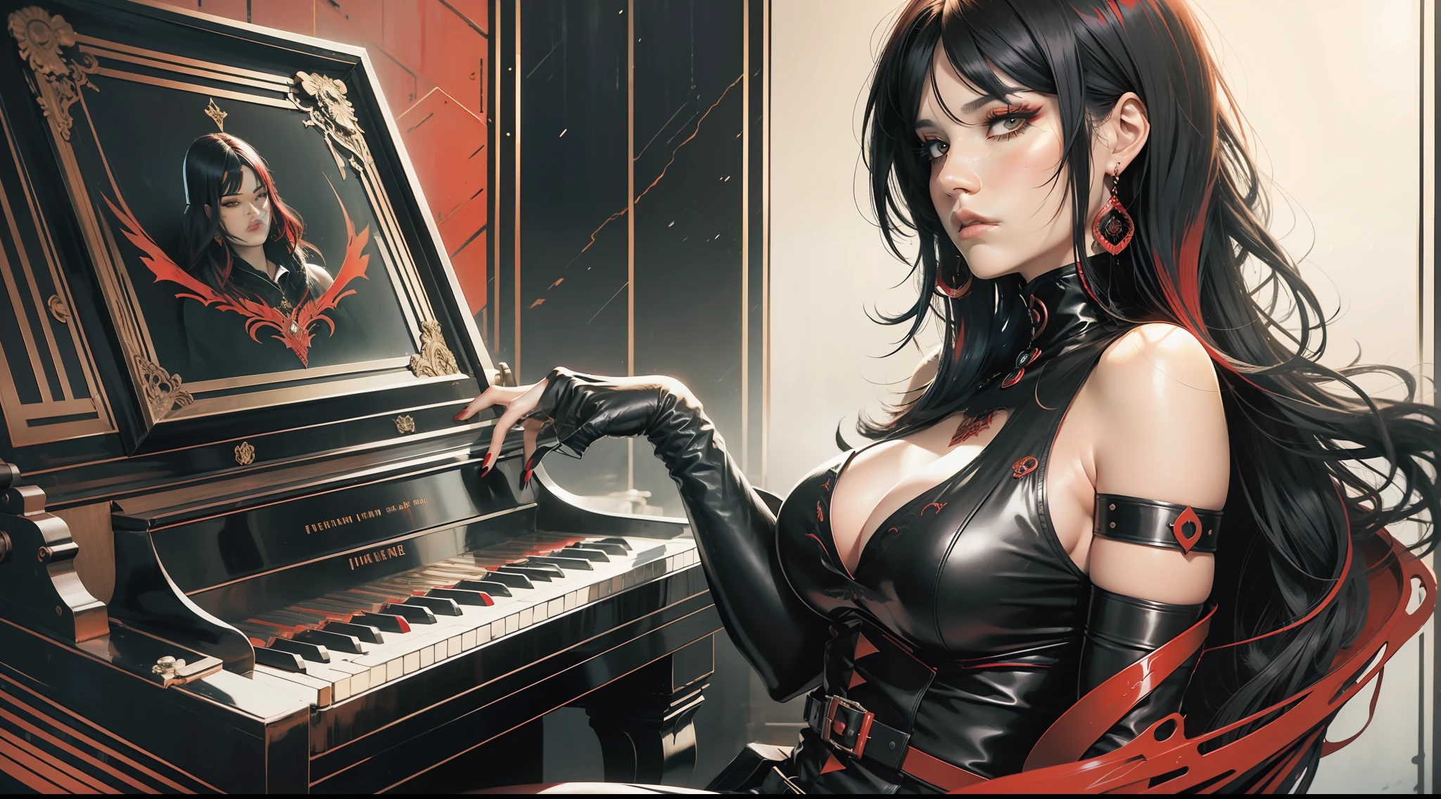 Empress of fire,medium black hair with red and black bangs,red color fringe lock,closed mouth,fat body,boredom expression,open eyes,black eye shadow,black eyeliner,black eye makeup,dark makeup,black latex clothing,sitting on a piano chair,playing piano,hand drawing,illustration, Art Nouveau