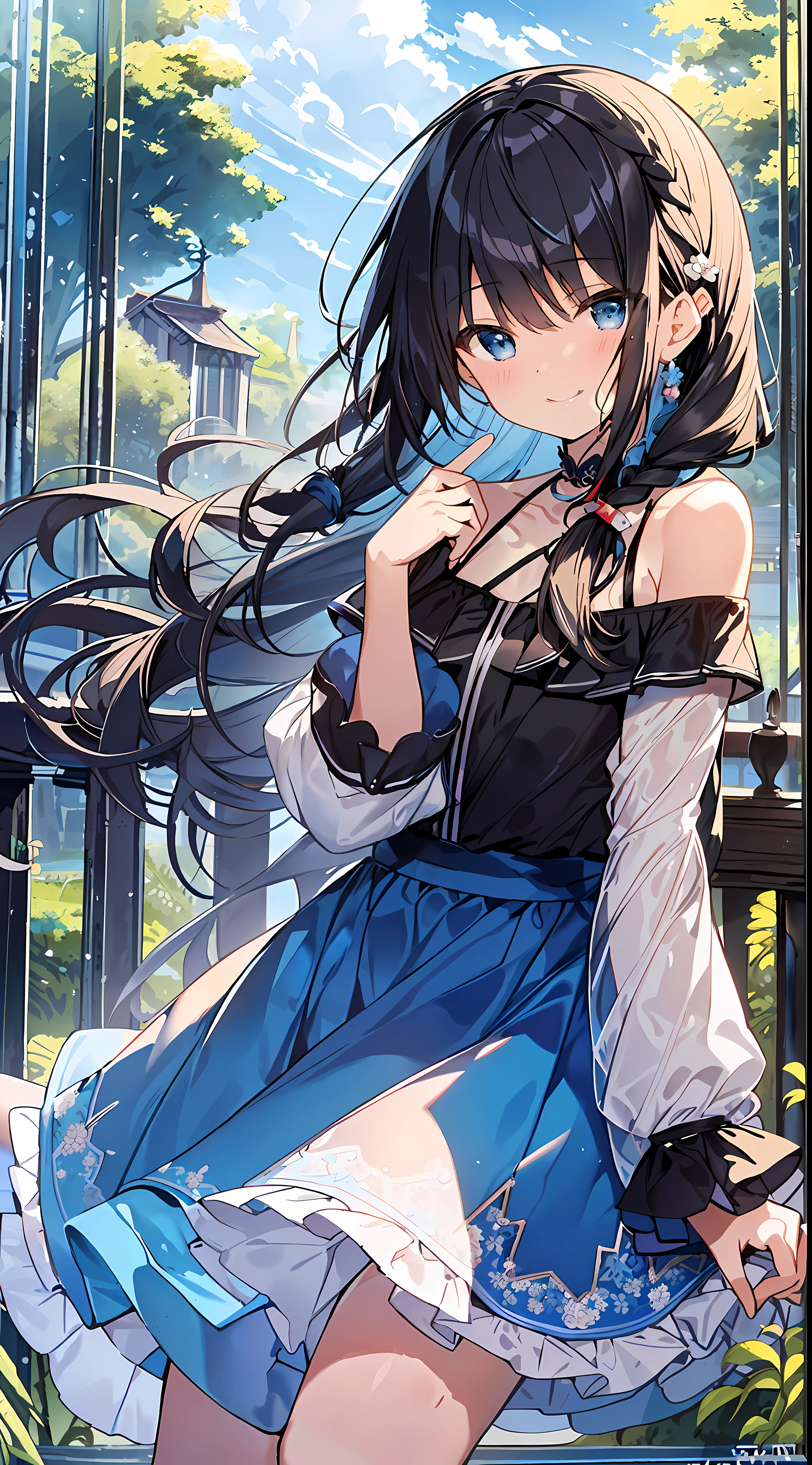 Top quality, masterpiece, ultra high resolution, 8k, summer sky, early summer, (((blue ruffle tops, blue skirts, high heels)), shojo manga style loli, one, soft line drawing, digital enhancement, shojo manga touch, shojo manga core, flowing fabric, close-up, (short braid with hair length to shoulders)), wet hair, staring at us from the front, soft drawing, Beautiful black hair, clear eyes, ((teasing smile)), ultra-detailed digital anime art, clear face depiction, ultra-detailed shojo manga character art, ultra-detailed manga style, top quality colors, hand gestures, landscape with nature, looking up at the sky, angle that can see up to your feet