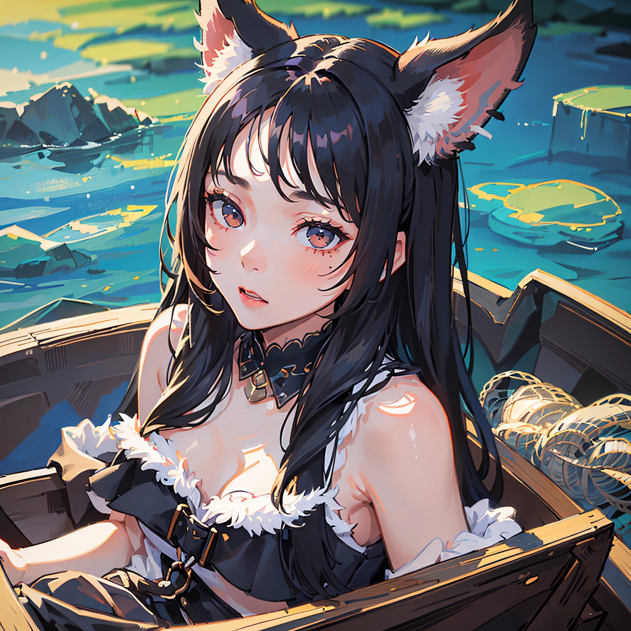 ((Top quality)),((masterpiece)),((perfect face)), (One girl, in white underwear, cute, semi-long black hair, modest breast size, black rabbit ears with beautiful fur, Blurred background), Boarding a small wooden boat, night, frightened expression, vast dark sea, countless arms appear from the surface of the sea, fantastic, eerie,