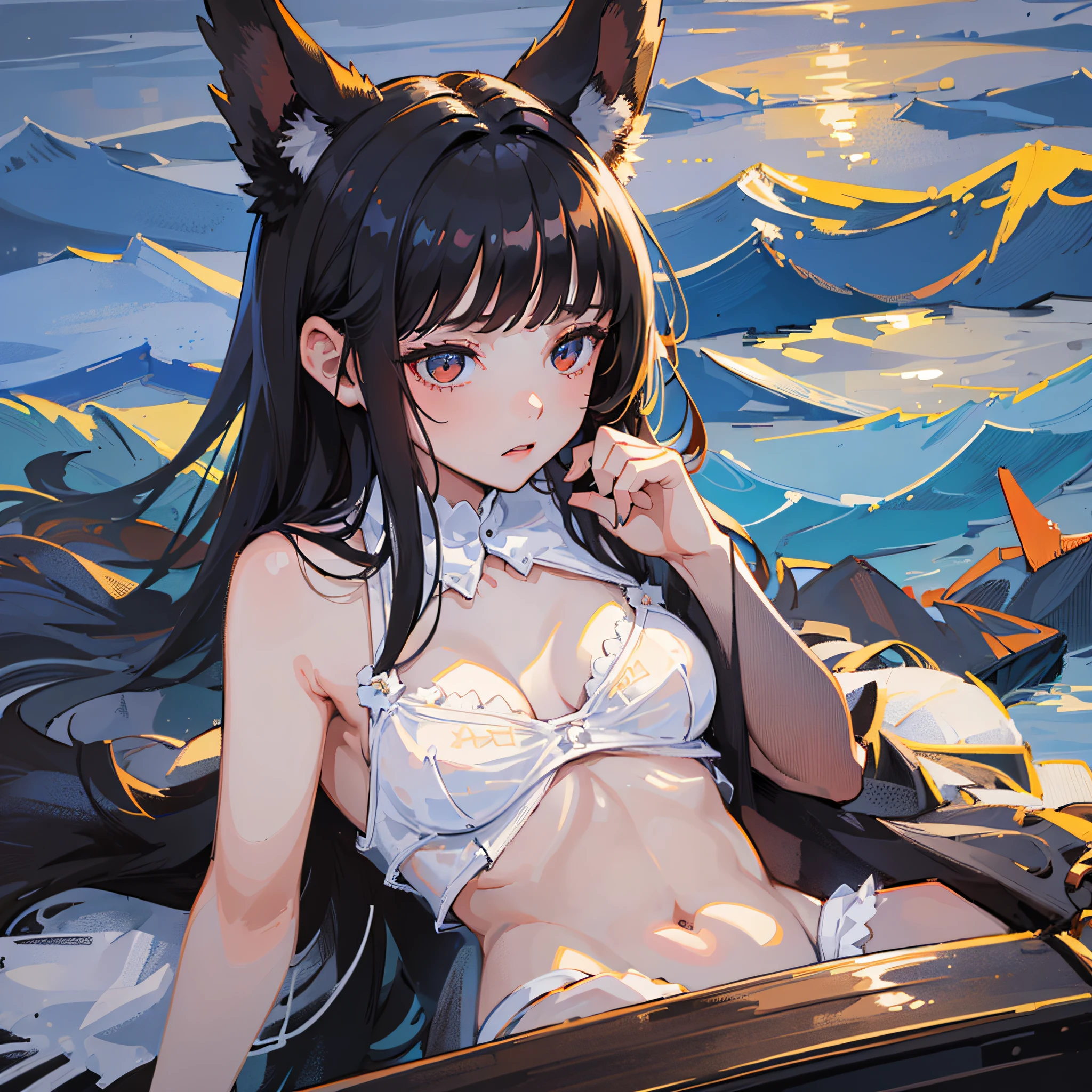 ((Top quality)),((masterpiece)),((perfect face)), (One girl, in white underwear, cute, semi-long black hair, modest breast size, black rabbit ears with beautiful fur, Blurred background), Boarding a small wooden boat, night, frightened expression, vast dark sea, countless arms appear from the surface of the sea, fantastic, eerie,
