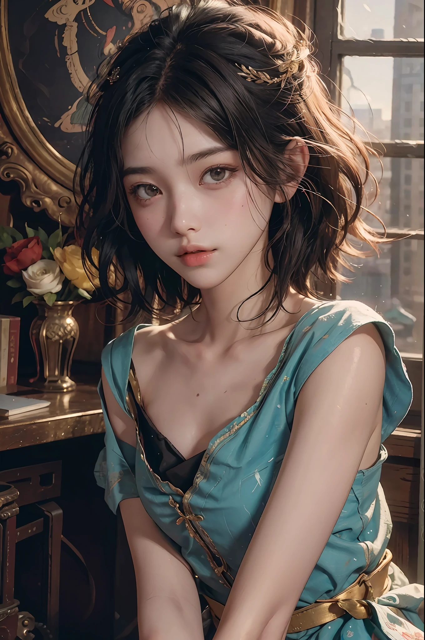 (RAW photos, top quality), (realistic, photorealistic: 1.3), highest quality, high definition, masterpiece, super detail, illustration, 1girl, upper_body, dynamic angle, world masterpiece theater, messy_long_hair, top quality, highly detailed CG Unity 8k wallpaper, ink, stunning, cinematic lighting, lens_flare, dunhuang_ style, single woman, short hair, skin gloss, windowsill