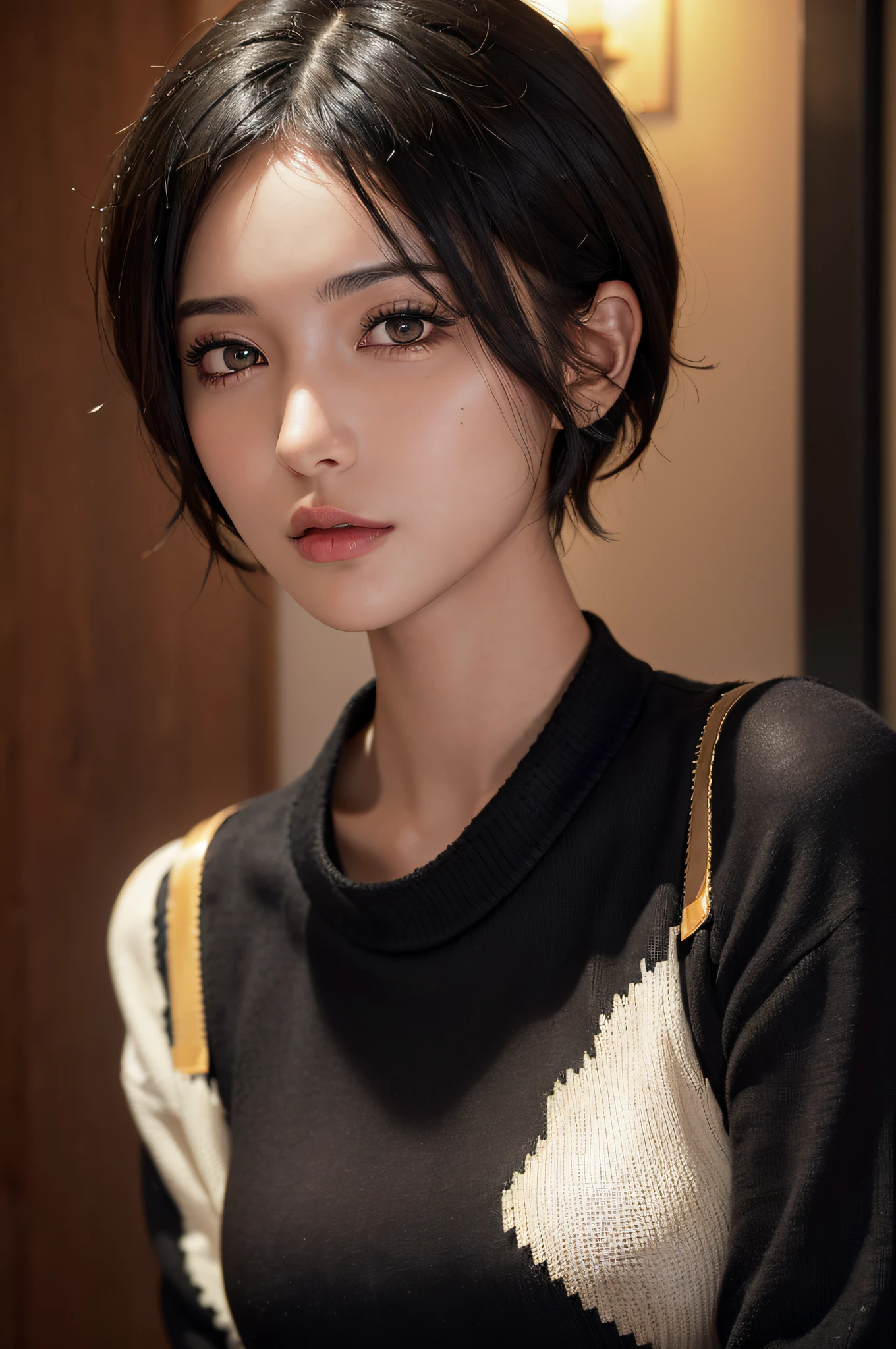 (masterpiece:1.3), (8k, photorealistic, RAW photo, best quality: 1.4), (1girl), beautiful face, (realistic face), (black hair, short hair:1.3), beautiful hairstyle, realistic eyes, beautiful detailed eyes, (realistic skin), beautiful skin, (sweater), absurdres, attractive, ultra high res, ultra realistic, highly detailed, golden ratio