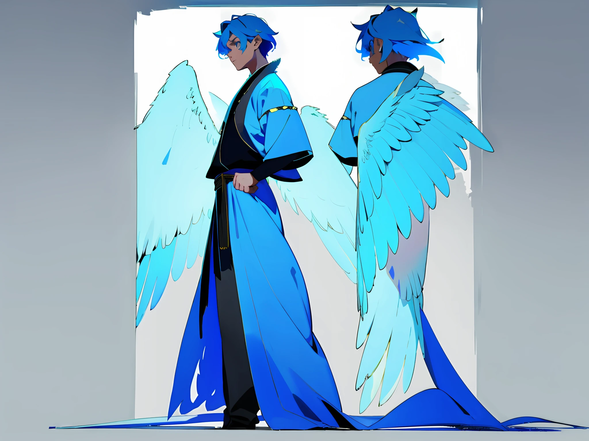 ((masterpiece)),(((best quality))),((character design sheet,same character,front,side,back)),illustration,1 boy, young man, differents poses, medium short hair, blue color palette, sky blue hair, hair on eyes, neon colors,beautiful eyes,environment Scene change, pose too, male angel, angelic, ángel wings, feather wings, feathers on the hair holds a magic katana, charturnbetalora, (simple background, white background: 1.3), 8k,16k