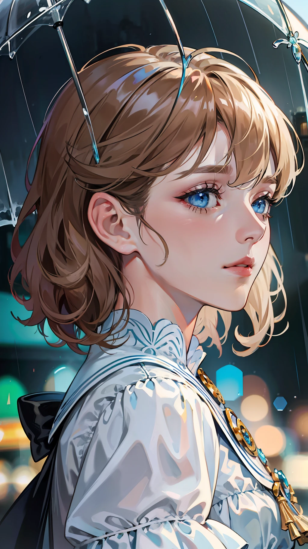 kk, best quality, more details, masterpiece, 1 girl, portrait, female focus, blue eyes like diamonds, solo, bangs, look at the viewer, frilly shirt, short hair, rain, fantasy city, palace, \(city\), highlights, nail polish, brown hair, wavy, luxurious, 8k, detailed, ray tracing, depth of field, cinematic lighting,