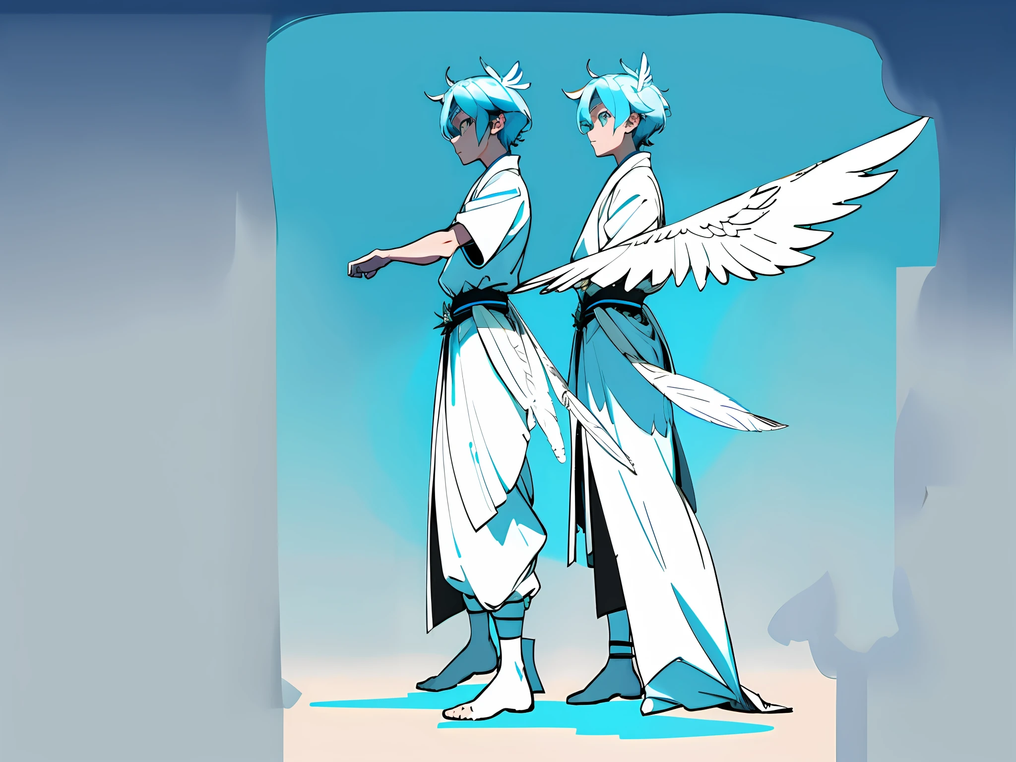 ((masterpiece)),(((best quality))),((character design sheet,same character,front,side,back)),illustration,1 boy, young man, differents poses, medium short hair, blue color palette, sky blue hair, hair on eyes, neon colors,beautiful eyes,environment Scene change, pose too, male angel, angelic, ángel wings, feather wings, feathers on the hair holds a magic katana, charturnbetalora, (simple background, white background: 1.3), 8k,16k