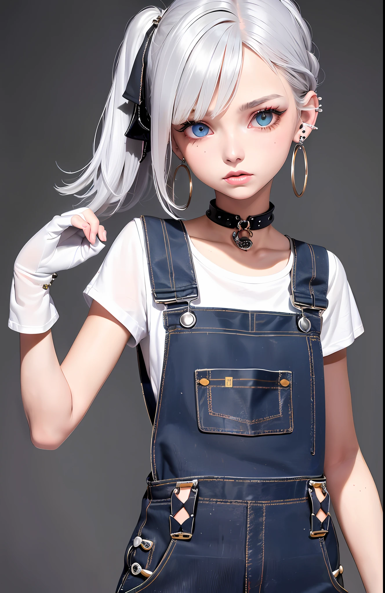 Best, Masterpiece, High Resolution, Best Quality, Ultra HD, Super Detail, Award-Limited, 16k, (Upper Body), Beautiful Girl, Gray Hair, Hair, ((Heterochromia)), Hanging Eye Corners, Fair Skin, (Small), (Slim Body), ((Dungarees)), Stud Earrings, (Neck Rings), (Very, Very Short Short Gloves)