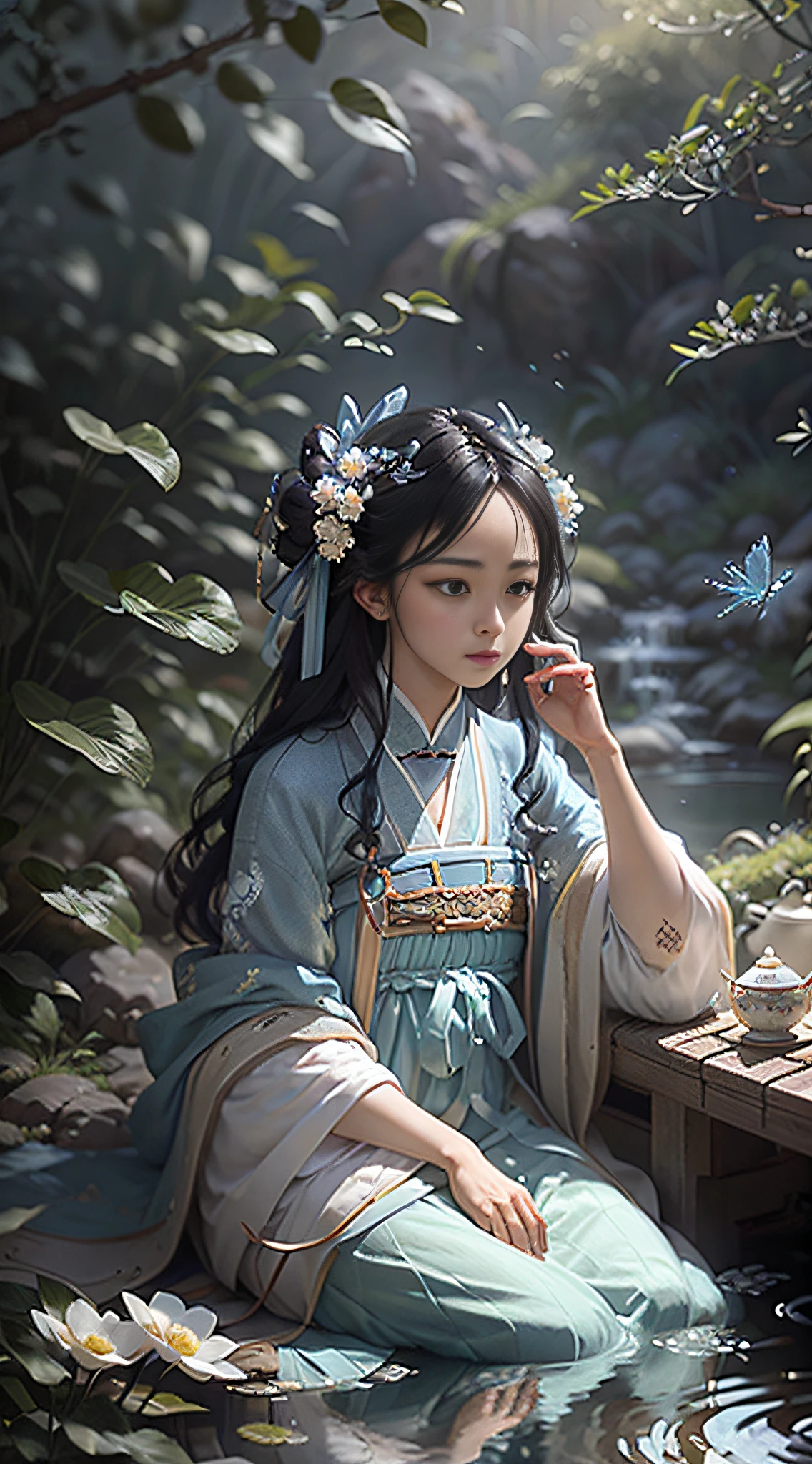 (Fidelity: 1.4), Best Quality, Masterpiece, Ultra High Resolution, Poster, Fantasy Art, Dynamic Lighting, Art Station, Poster, Volumetric Lighting, Very Detailed Face, 4k Wallpaper, Award-Won, Chinese Style, A Woman, Side Face, Quiet, Sad, Blue and Blue Hanfu, Tulle Coat, Long Black Hair, Light Blue Fringed Hair Ornament, Hairpin, White Ribbon, White Flower Bush, Light Blue Butterfly Flying, Ancient Chinese Garden, Sitting by the Pond, Teacup, Hazy Mist, Lots of Bamboo in the background, Small Bamboo, Little Birds Flying, dramatic composition, cinematic lighting effects,