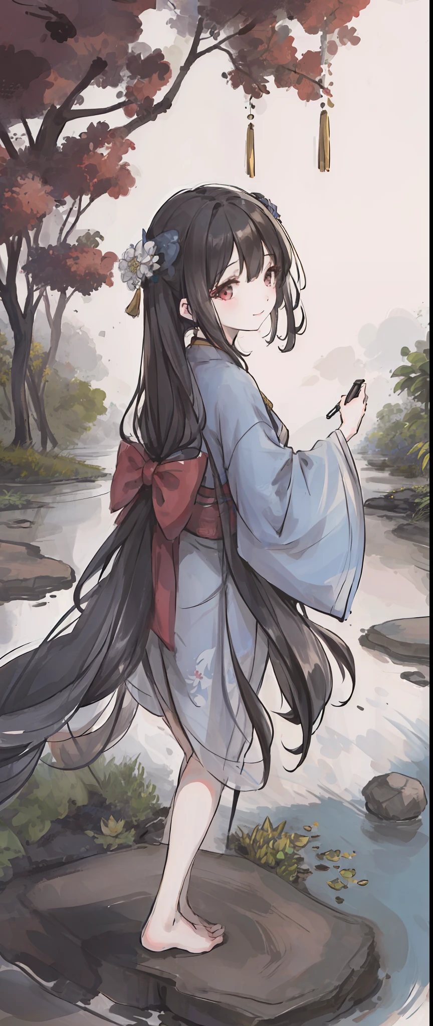 ((4k,masterpiece,best quality)), shuimobysim, traditional chinese ink painting, lotus, hanfu, maxiskit, dress conservatively 1girl, solo, long blue hair, smile, standing, feet in the water, barefoot,