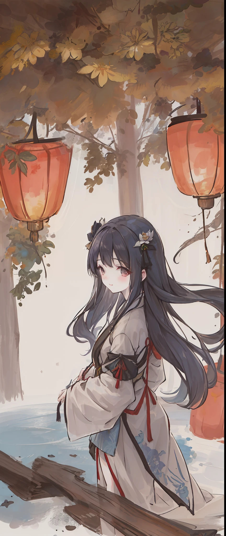 ((4k,masterpiece,best quality)), shuimobysim, traditional chinese ink painting, lotus, hanfu, maxiskit, dress conservatively 1girl, solo, long blue hair, smile, standing, feet in the water, barefoot,