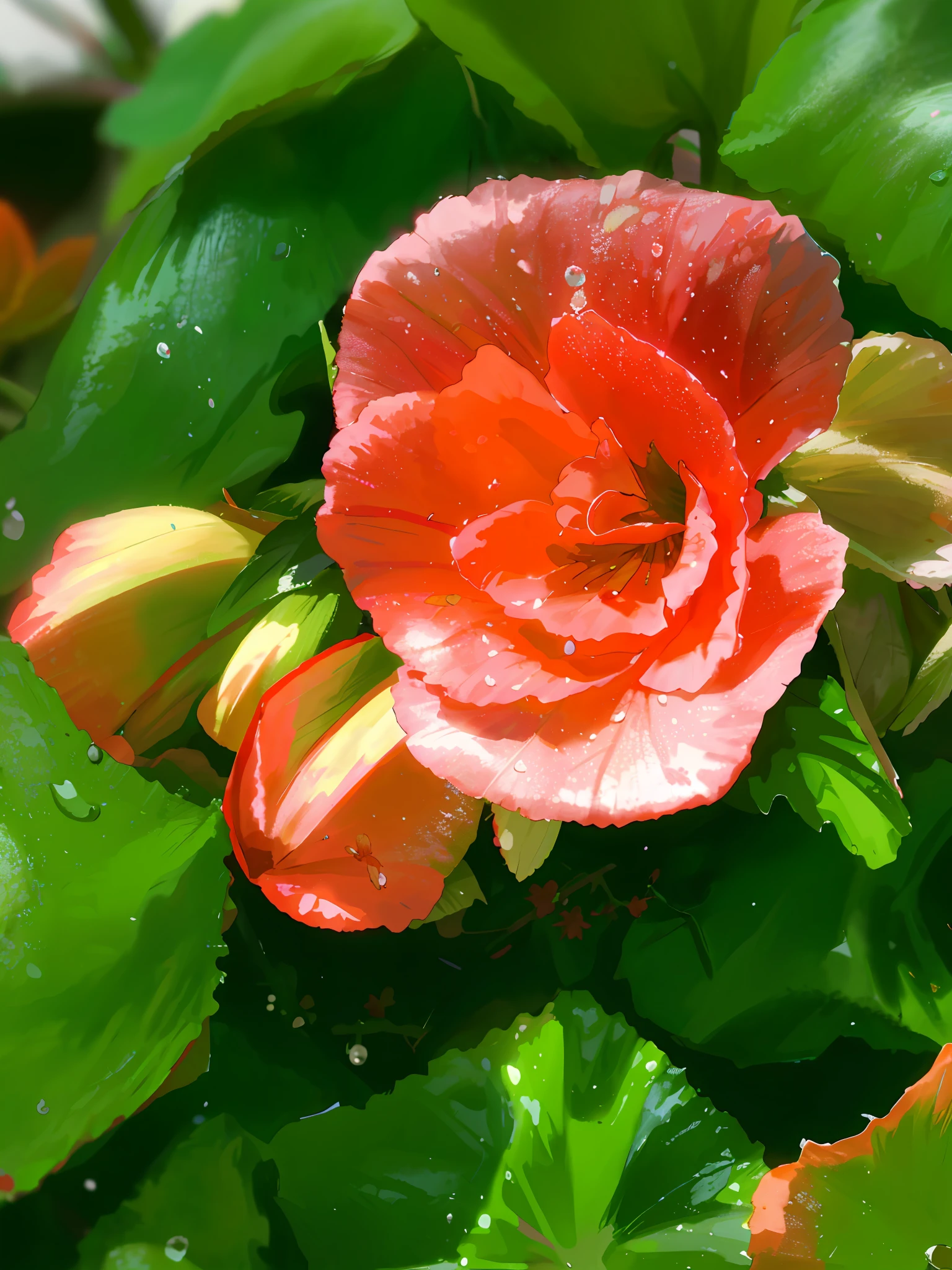 there is a pink flower with water droplets on it, blooming tropical flowers, crimson rain sought flower, red blooming flowers, flower, tropical flower plants, red flower, just after rain, subtropical flowers and plants, vibrant and vivid, after rain, beautiful flower, vibrant red and green colours, red flowers, flowers blooming, pink orange flowers, after the rain --auto --s2