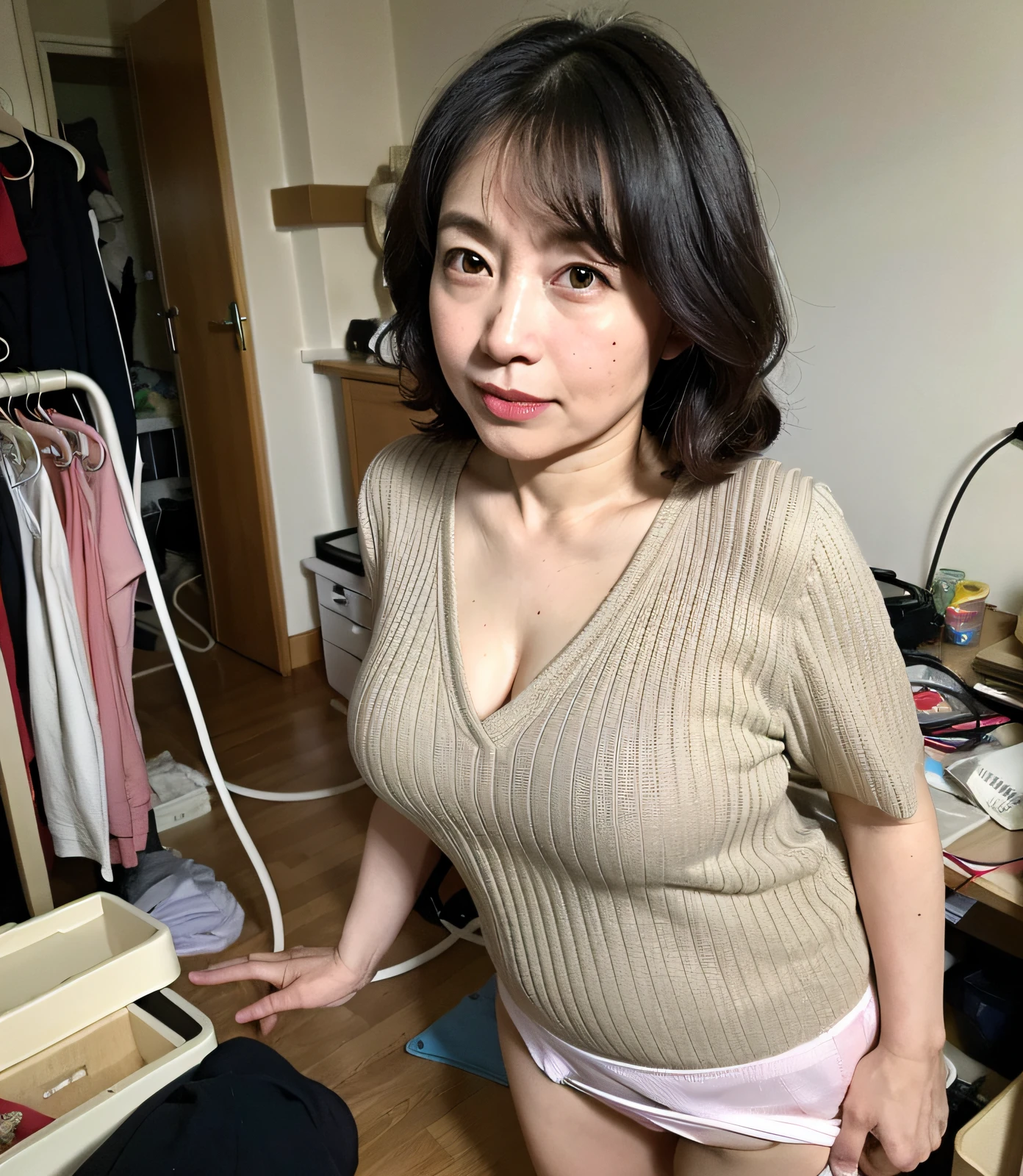 ((Best Quality, 8k, Masterpiece: 1.3)), Photorealistic, Sharp Focus, High Quality, High Definition, Portrait, Solo, Japan, Middle Aged Woman, Beauty, Clothes with Cleavage Visible, 47 years old, Plump, Wavy Hair, Shirt, Wrinkles at the corners of the eyes, Messy room, Unorganized room, ((Show Panty:1.5)), Lots of complicated machines, Lots of cables, retro computer, sexy figure,