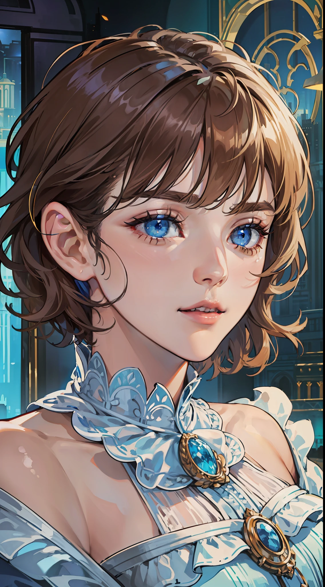 kk, best quality, more details, masterpiece, 1 girl, portrait, female focus, blue eyes like diamonds, solo, bangs, look at the viewer, frilly shirt, short hair, (((fantasy city, palace))), highlights, nail polish, brown hair, wavy, luxurious, 8k, detailed, ray tracing, depth of field, cinema lighting,