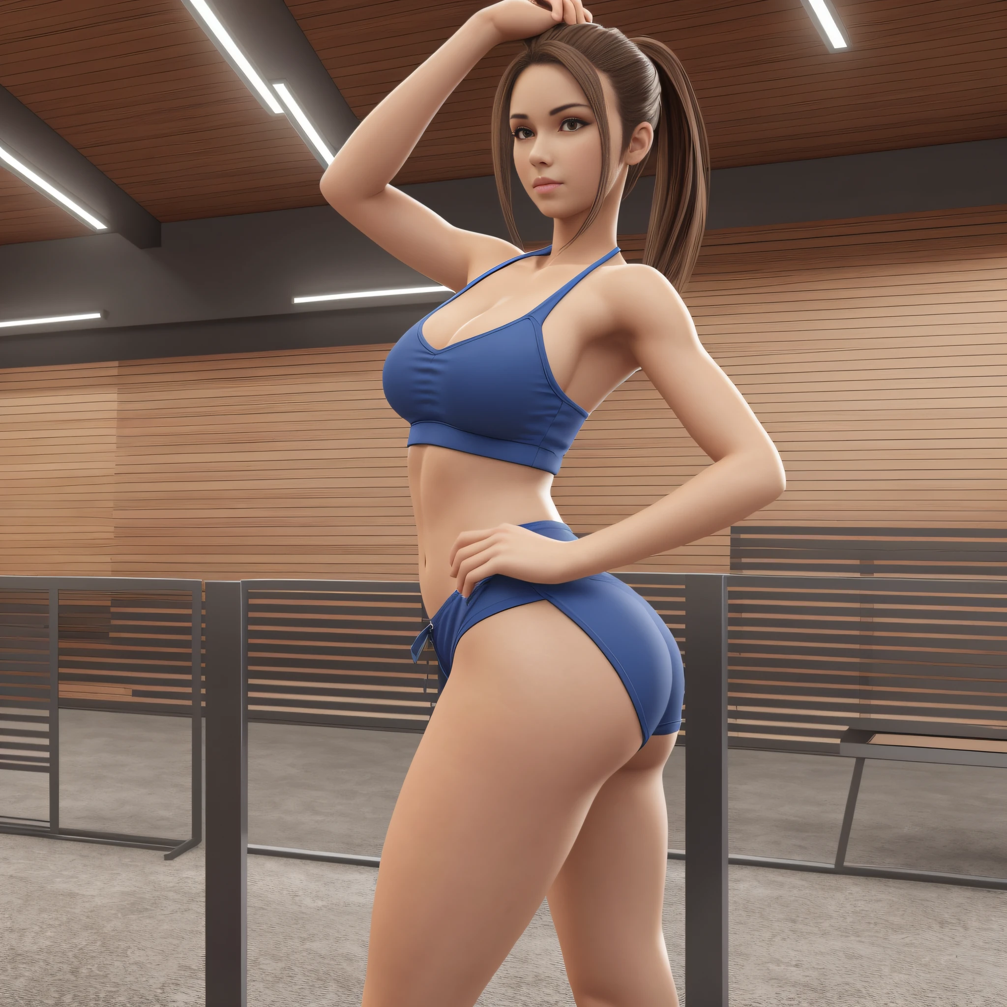 high quality, 8k, realistic, correct anatomy, perfect proportions, 3d, side view, full body, professional lighting, best light, one beautiful girl, narrow waist, shorts, bikini, girl, outdoors, tall stretch,