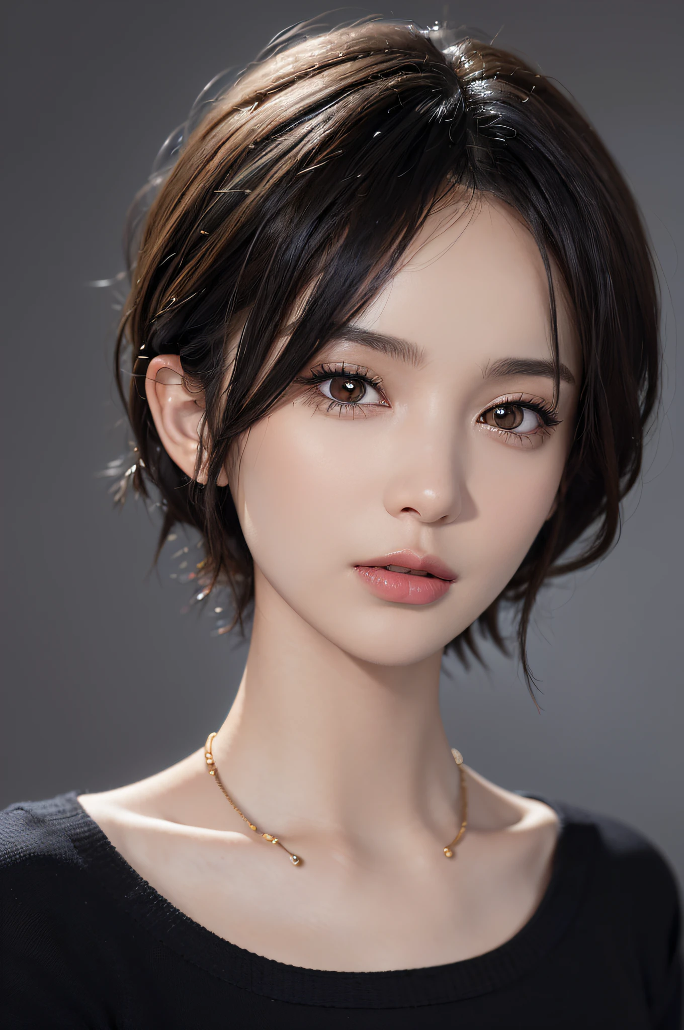 (masterpiece:1.3), (8k, photorealistic, RAW photo, best quality: 1.4), (1girl), beautiful face, (realistic face), (black hair, short hair:1.3), beautiful hairstyle, realistic eyes, beautiful detailed eyes, (realistic skin), beautiful skin, (sweater), absurdres, attractive, ultra high res, ultra realistic, highly detailed, golden ratio
