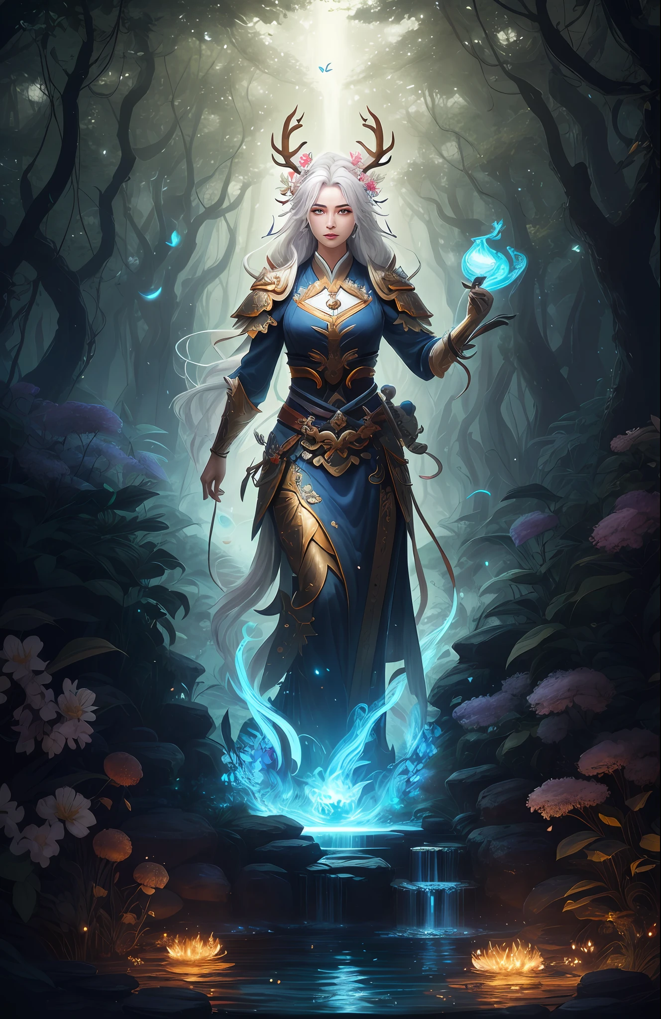 Masterpiece, best quality, (very detailed CG unified 8k wallpaper), (best quality), (best illustration), (best shadow), close-up of a beauty with white hair and white mask, beautiful figure painting, Guvitz, Guwiz style artwork, white-haired god, Yang J, epic exquisite character art, amazing character art, Fan Qi, Wu Zhun Shifan, Guwiz in pixiv art station, glowing elf, with a glowing deer, drinking water in the pool, Natural elements in forest theme. Mysterious forest, beautiful forest, nature, surrounded by flowers, delicate leaves and branches surrounded by fireflies (natural elements), (jungle theme), (leaves), (branches), (fireflies), (particle effects) and other 3D, Octane rendering, ray tracing, super detailed