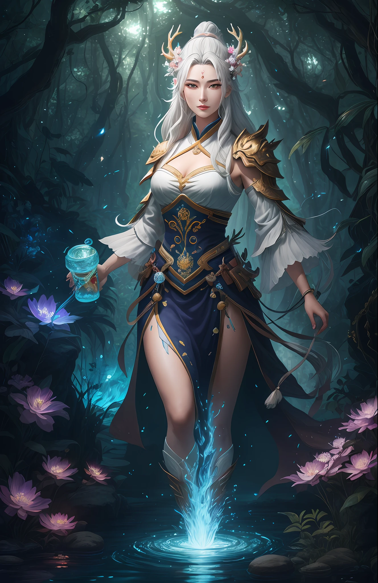 Masterpiece, best quality, (very detailed CG unified 8k wallpaper), (best quality), (best illustration), (best shadow), close-up of a beauty with white hair and white mask, beautiful figure painting, Guvitz, Guwiz style artwork, white-haired god, Yang J, epic exquisite character art, amazing character art, Fan Qi, Wu Zhun Shifan, Guwiz in pixiv art station, glowing elf, with a glowing deer, drinking water in the pool, Natural elements in forest theme. Mysterious forest, beautiful forest, nature, surrounded by flowers, delicate leaves and branches surrounded by fireflies (natural elements), (jungle theme), (leaves), (branches), (fireflies), (particle effects) and other 3D, Octane rendering, ray tracing, super detailed