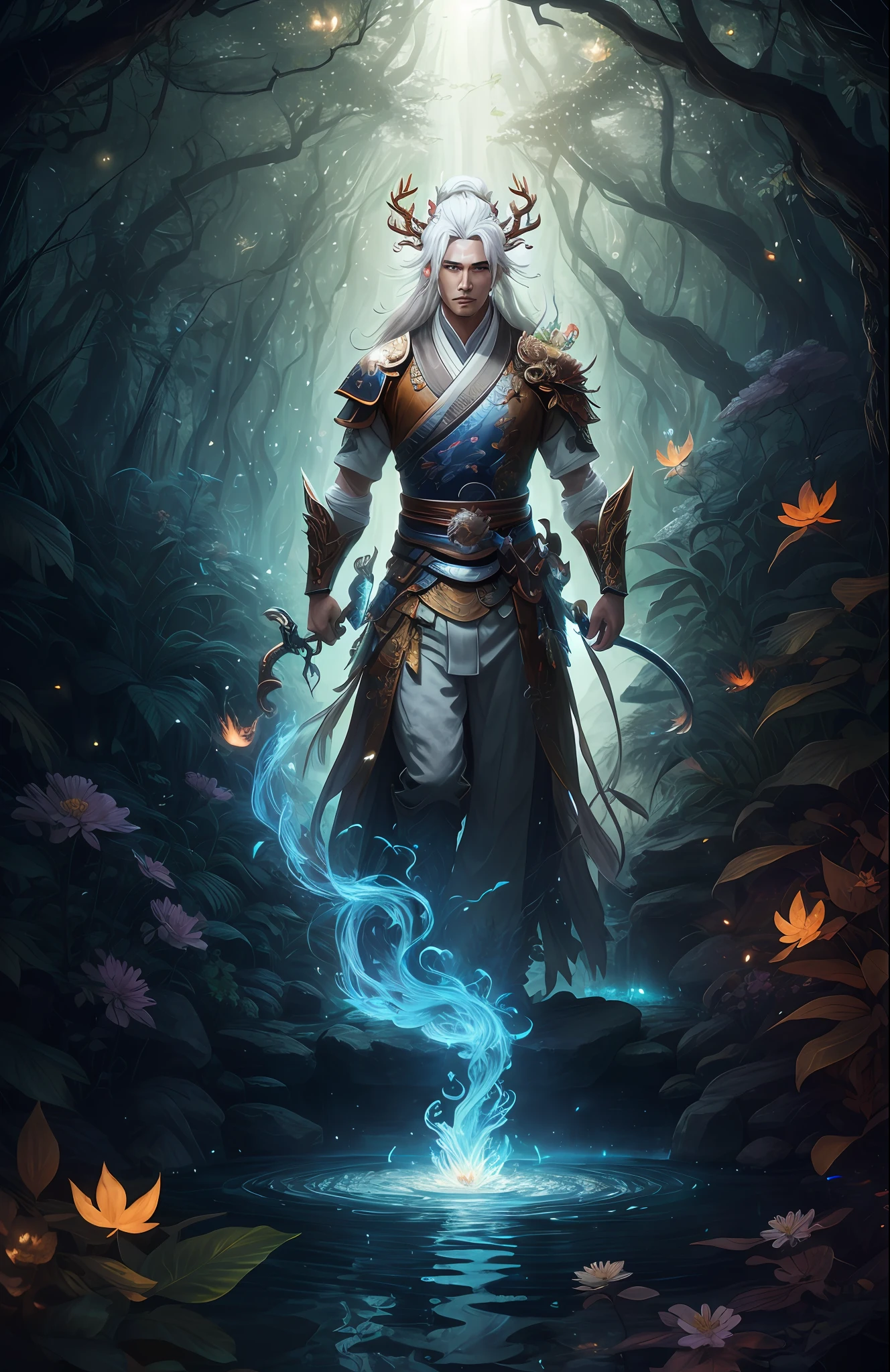 Masterpiece, best quality, (very detailed CG unified 8k wallpaper), (best quality), (best illustration), (best shadow), close-up of a beauty with white hair and white mask, beautiful figure painting, Guvitz, Guwiz style artwork, white-haired god, Yang J, epic exquisite character art, amazing character art, Fan Qi, Wu Zhun Shifan, Guwiz in pixiv art station, glowing elf, with a glowing deer, drinking water in the pool, Natural elements in forest theme. Mysterious forest, beautiful forest, nature, surrounded by flowers, delicate leaves and branches surrounded by fireflies (natural elements), (jungle theme), (leaves), (branches), (fireflies), (particle effects) and other 3D, Octane rendering, ray tracing, super detailed