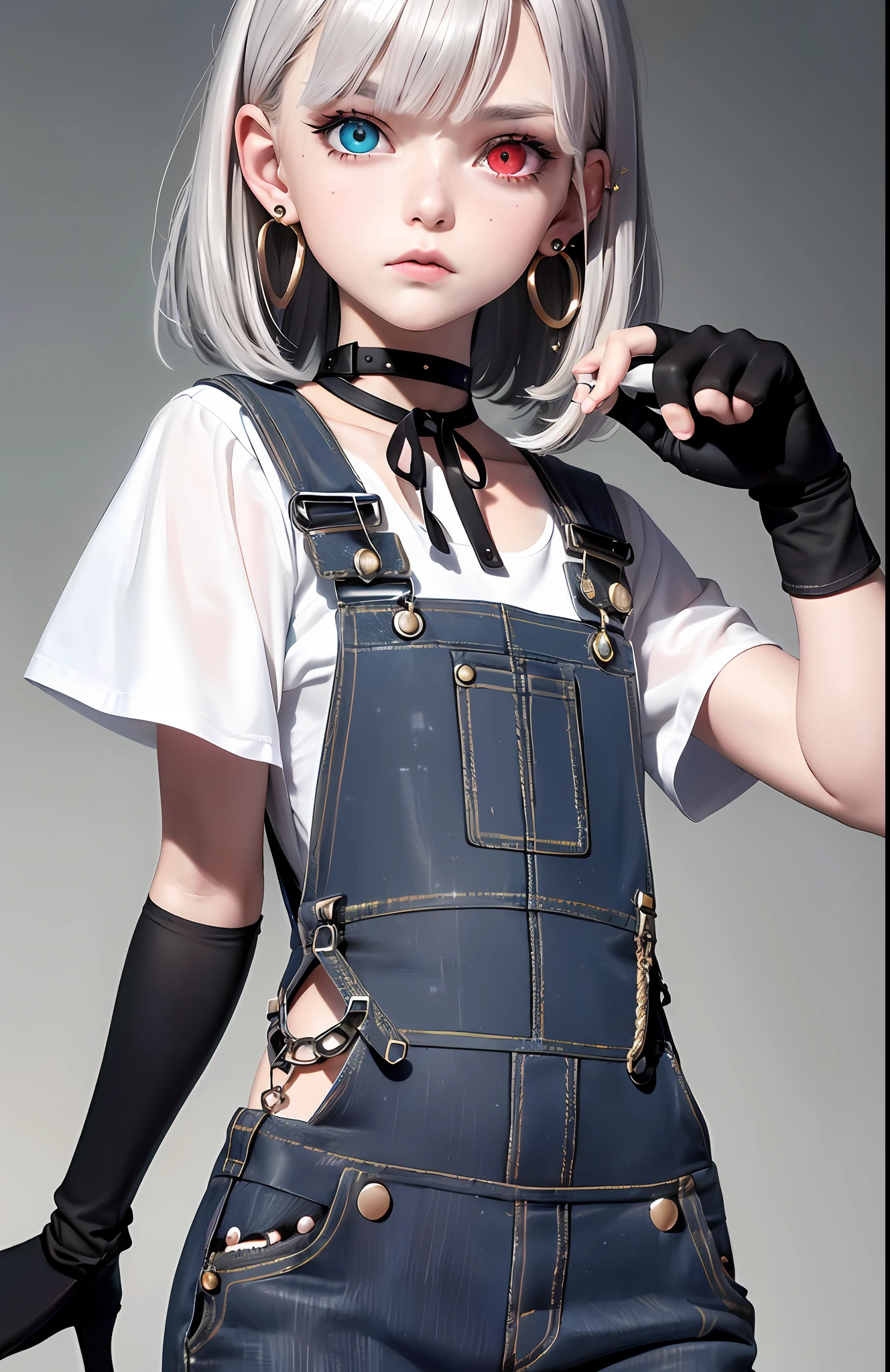 Best, Masterpiece, High Resolution, Best Quality, Ultra HD, Super Detail, Award-Limited, 16k, (Upper Body), Beautiful Girl, Gray Hair, Hair, ((Heterochromia)), Hanging Eye Corners, Fair Skin, (Small), (Slim Body), ((Dungarees)), Stud Earrings, (Neck Rings), (Very, Very Short Short Gloves)