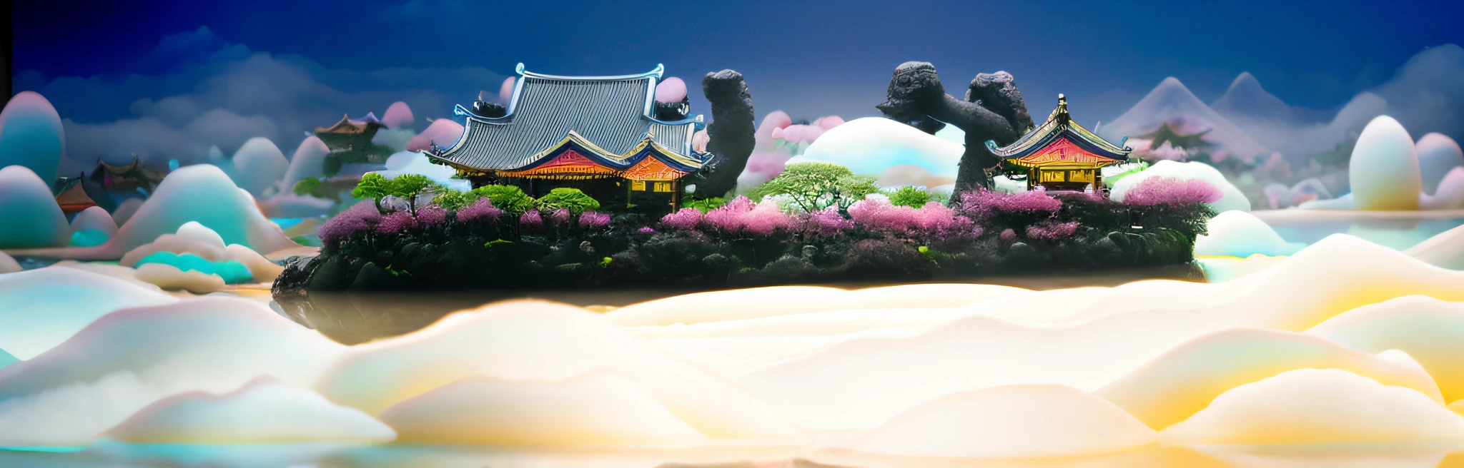 8,000-year-old theistic vitality style Asian dwellings, ethereal cherry blossom trees, mountain peaks, lying in a white cloud wonderland, liquid clouds, emitting spore clouds, surreal water art, badly damaged walls, glowing flower-shaped clouds, slimy reflections, photos taken with Sony A7R camera, clear focus on the landscape,