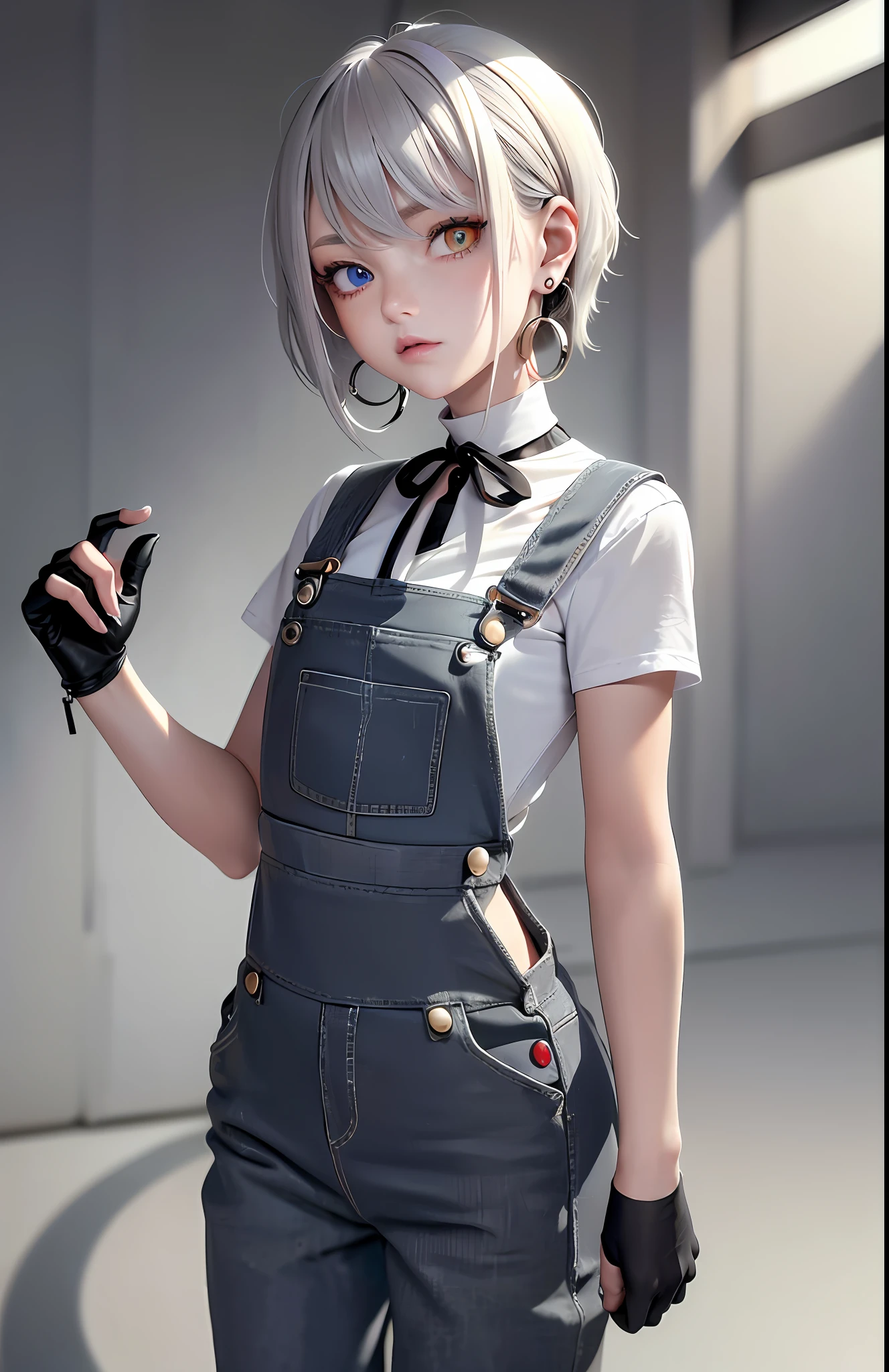 Best, Masterpiece, High Resolution, Best Quality, Ultra HD, Super Detail, Award-Limited, 16k, (Upper Body), Beautiful Girl, Gray Hair, Hair, ((Heterochromia)), Hanging Eye Corners, Fair Skin, (Small), (Slim Body), ((Dungarees)), Stud Earrings, (Neck Rings), (Very, Very Short Short Gloves)