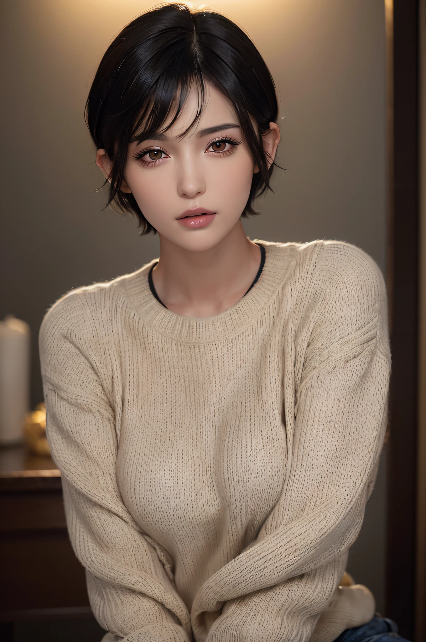 (masterpiece:1.3), (8k, photorealistic, RAW photo, best quality: 1.4), (1girl), beautiful face, (realistic face), (black hair, short hair:1.3), beautiful hairstyle, realistic eyes, beautiful detailed eyes, (realistic skin), beautiful skin, (sweater), absurdres, attractive, ultra high res, ultra realistic, highly detailed, golden ratio