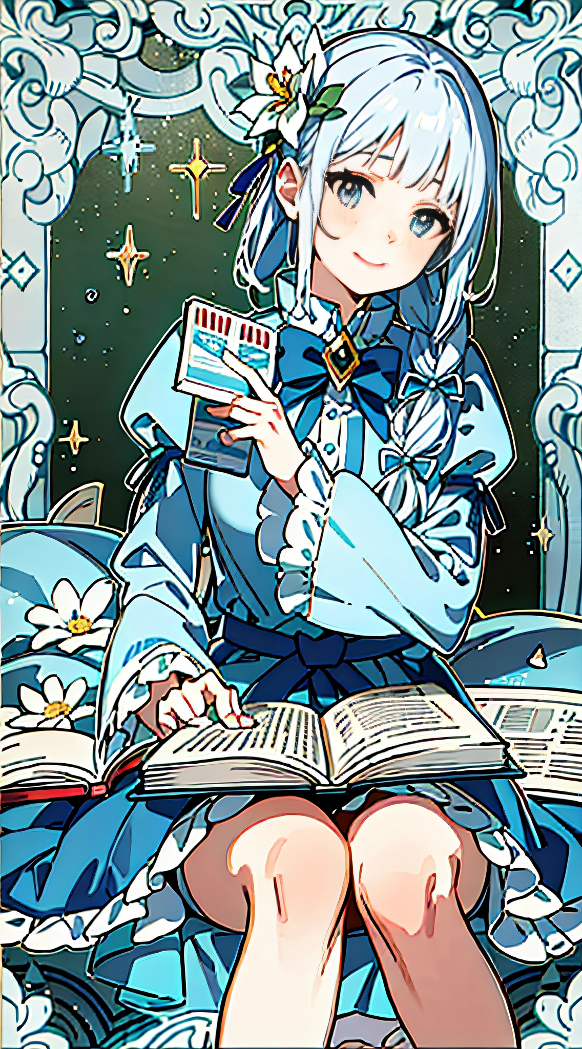 (Realistic painting style:0.9),(faux traditional media:1.0), masterpiece, best quality,bokeh, depth of field, looking to the side, kamisato ayaka (springbloom missive), kamisato ayaka, official alternate hairstyle, official alternate costume, blunt bangs, butterfly hair ornament, hair flower, blue dress, 1girl,girl sitting on a futon,butterfly, grey eyes, flower, hair ornament, light blue hair, outdoors, solo, sky, blue nails, cloud, bangs, long sleeves, holding, looking at viewer, blue butterfly,braid, dress, day, blue sky, breasts, medium breasts, cloudy sky, blush, index finger raised, blue flower, smile, closed mouth, holding open book,tarot,green background,