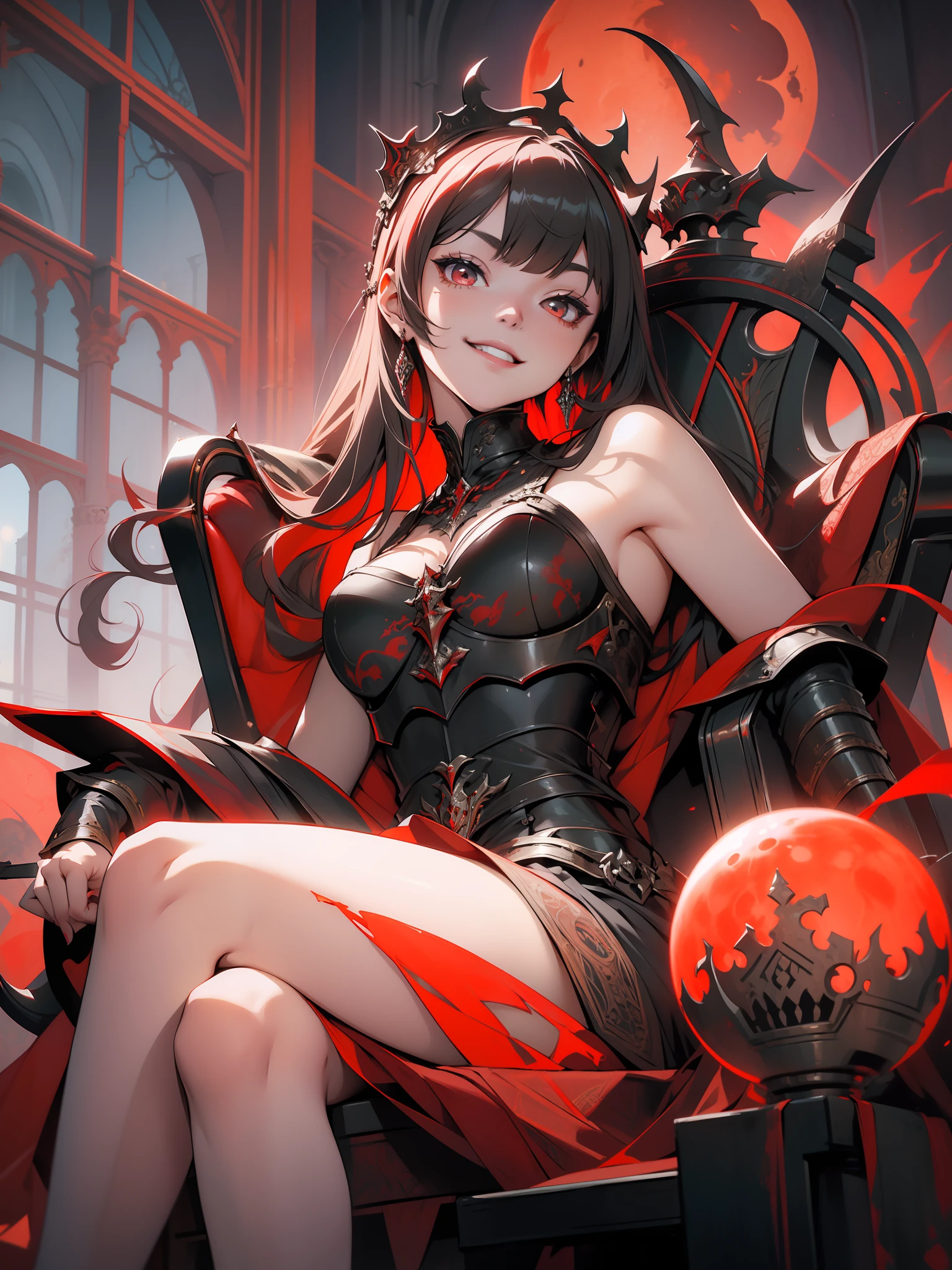 masterpiece, highly detailed, high quality, delicate bloody throne, huge red moon, 1girl, evil, playful, smile, dynamic angle, lying on throne, legs on armrest, mystical, fanatic, intricate, surreal, delicate, wearing armored gothic dress, cinematic lighting