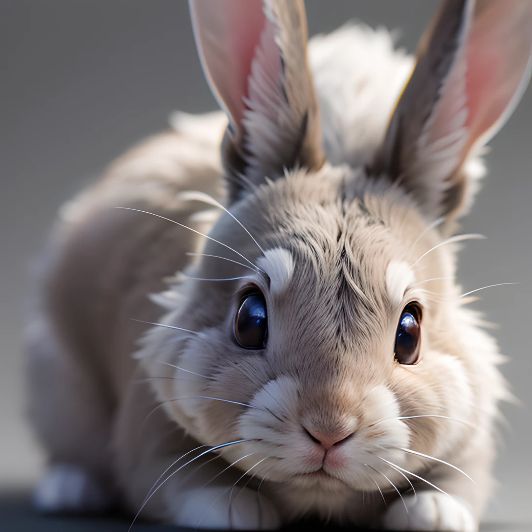 rabbit, masterpiece, best quality, 8k, absurdres, ultra realistic, highres, photography, film grain, chromatic aberration, sharp focus, HDR, facelight, dynamic lighting, cinematic lighting, professional shadow, simple background, (grey background:1.4), highest detailed, extreme detailed, ultra detailed, finely detail, (sharp pupils, realistic pupils:0.8)